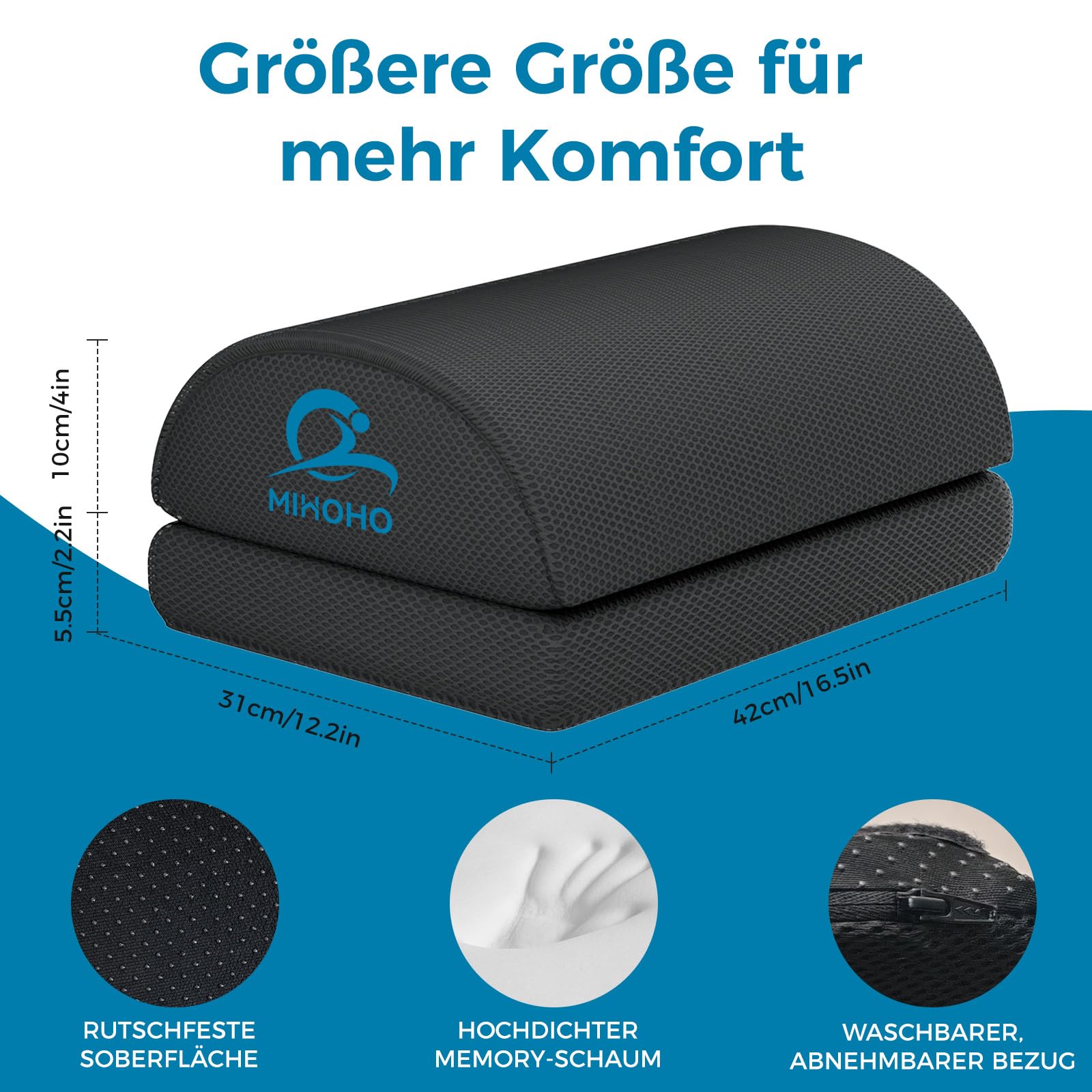 Podnóżek biurowy Mihoho pod biurko do pracy, regulowany w wysokości podnóżek z pianki memory z omywalną osłoną – wygodny, ergonomiczny podnóżek (czarny)
