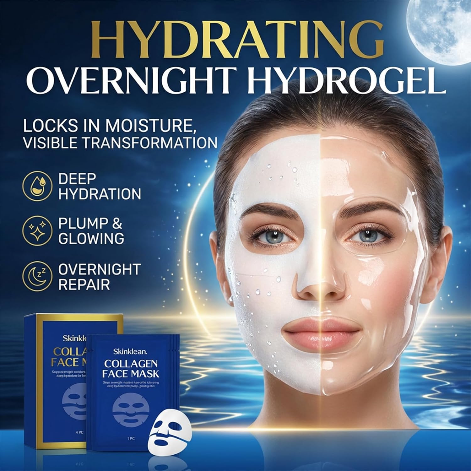 Collagen Face Mask,Collagen Real Deep Mask, Hydrating Overnight Hydrogel Face Mask, Pore Minimizing,Elasticity, Plumping for All Skin Types 4 Patch