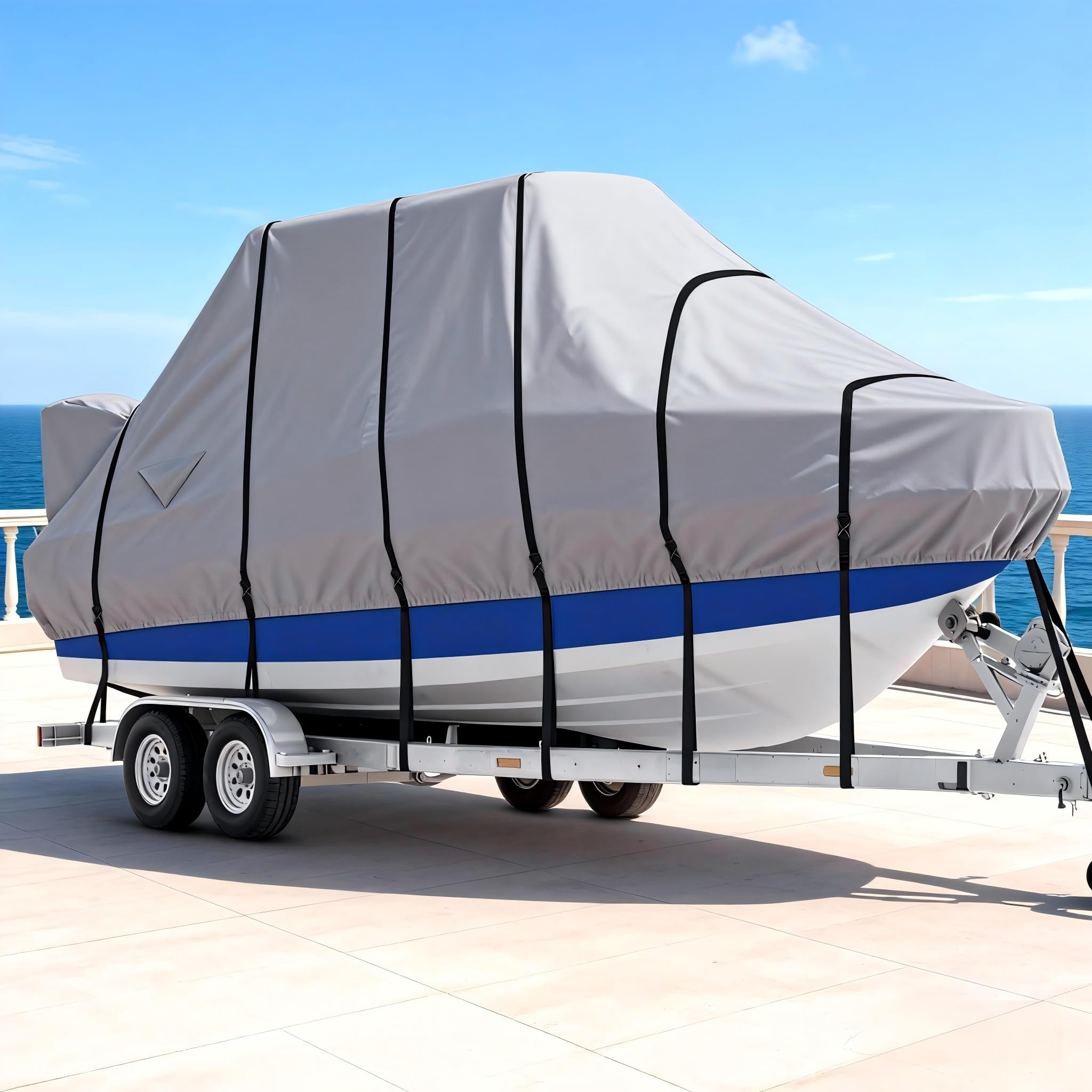 YimSting T Top Boat Cover, 1400D Heavy Duty Waterproof Hard Top Boat Cover with Metal Buckles & Motor Cover for Center Console Boat with T TOP Roof,