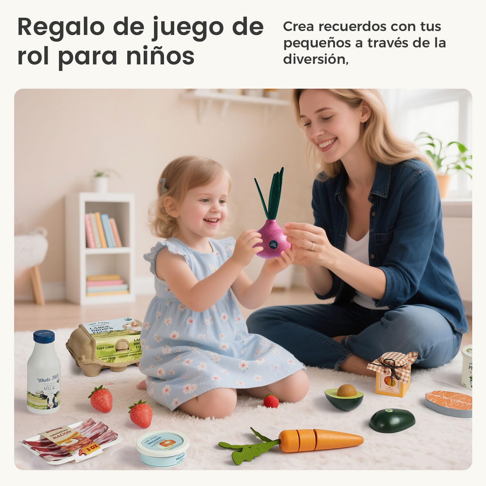 Tiny Land Comida de Juguete de Madera - Set de 7 Alimentos con Leche, Yogur y Queso, Accesorios Cocinita de Madera Montessori, Juego Simbólico para Tienda y Supermercado, Regalo Niños 2+ Años