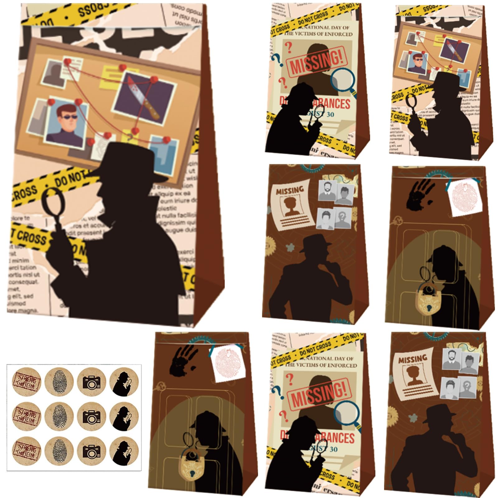 14 sacchetti regalo da riempire con adesivi, detective compleanno, pensierino, sacchetti di carta, sacchetti regalo, in carta, colore nero, per feste di detective, feste di compleanno per bambini, per