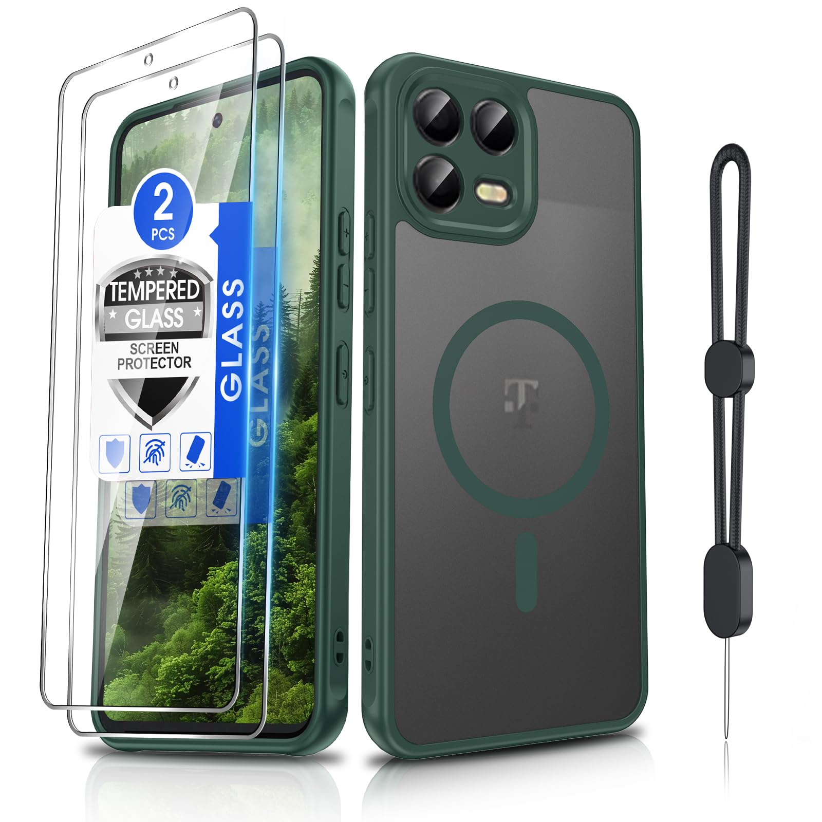 Dizn for T-Mobile Revvl 8 Pro Matte Case with Tempered Glass Screen Protector, Compatible with MagSafe Wireless Charging, with Strapb, Magnetic Shockproof Fundas Protective T-Mobile Revvl8 pro, Green