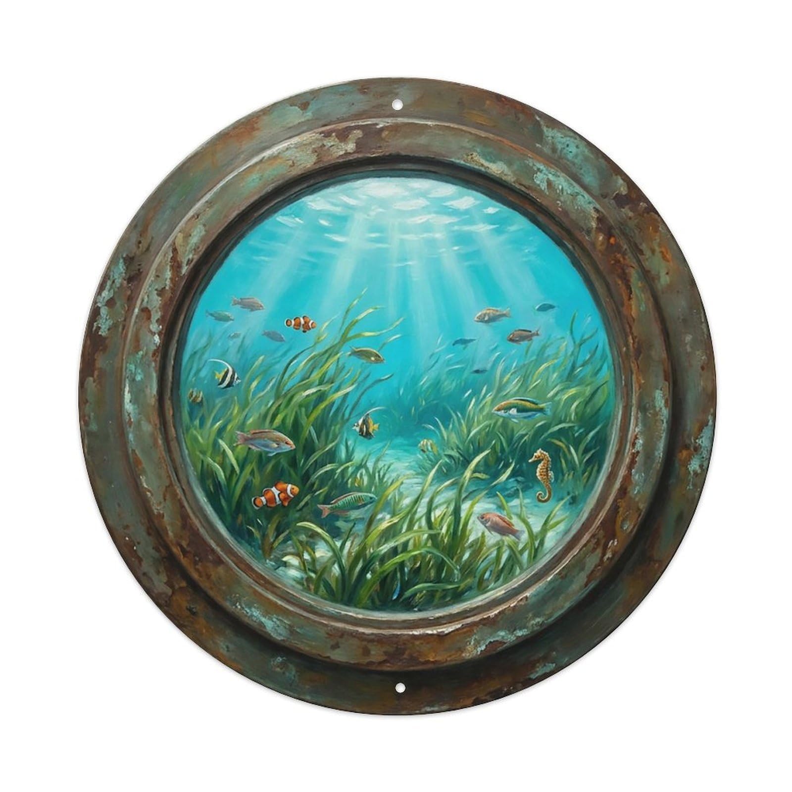 Vintage Porthole Seagrass Meadow Ship Window Undersea Deep Sea Metal Tin Sign