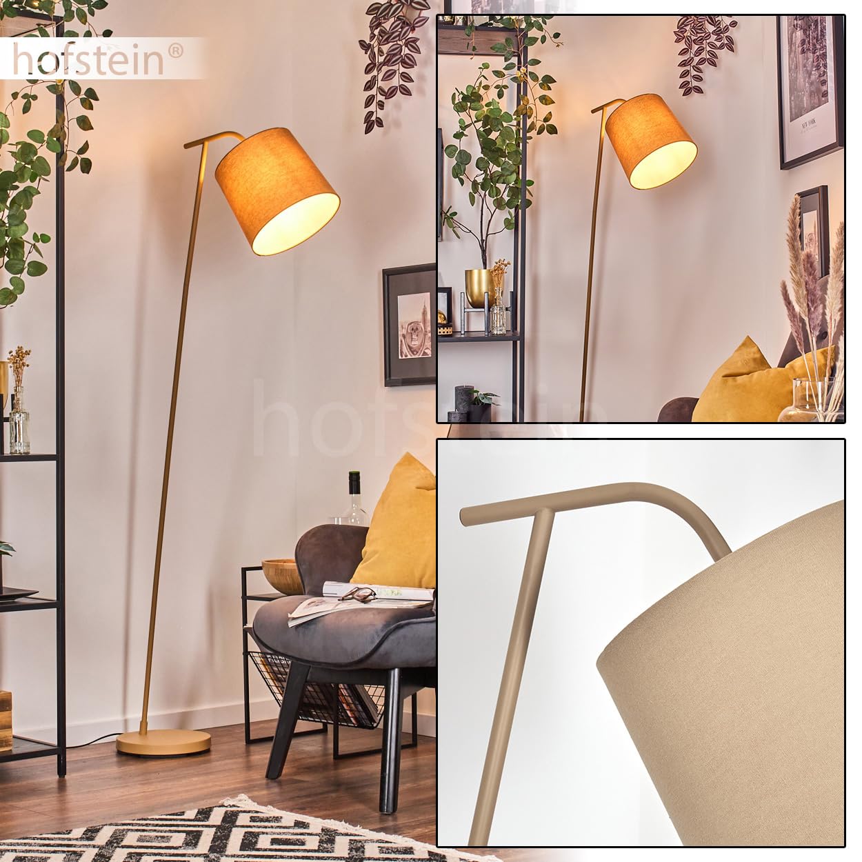 Lampada da terra Palmeiros, lampada da terra in metallo/tessuto beige/bianco, lampada in stile boho con paralume rotondo (Ø 25 cm) e interruttore a pedale, altezza 160 cm, 1 x E27, senza lampadina