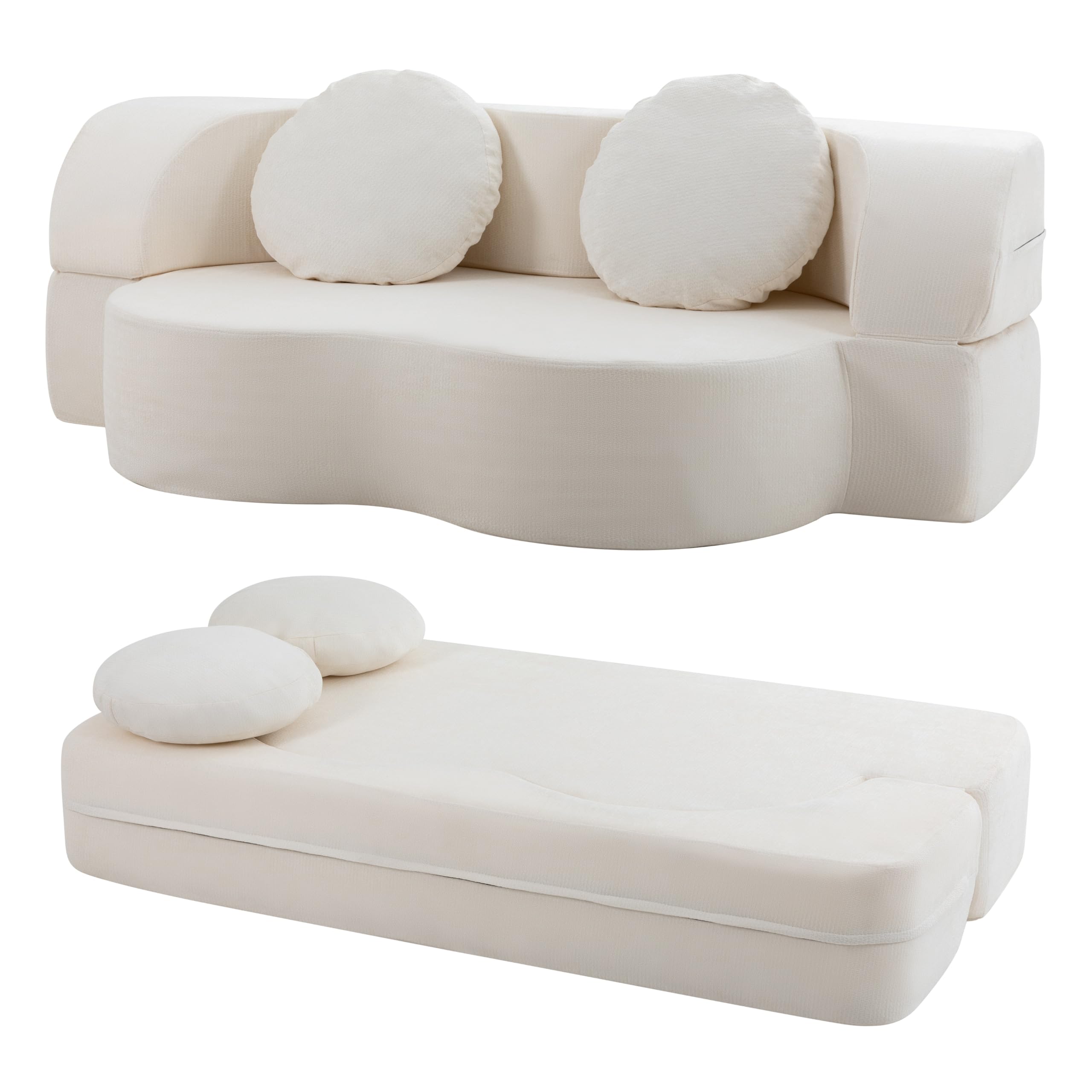 Shintenchi 78" Convertible Sofa Bed, Sleeper Boneless Futon Sofa, White | 2-in-1 Loveseat Floor Couch, Full Size Foldable Guest Bed, with 2 Pillows, Memory Foam, for Living Room Bedroom, No Assembly