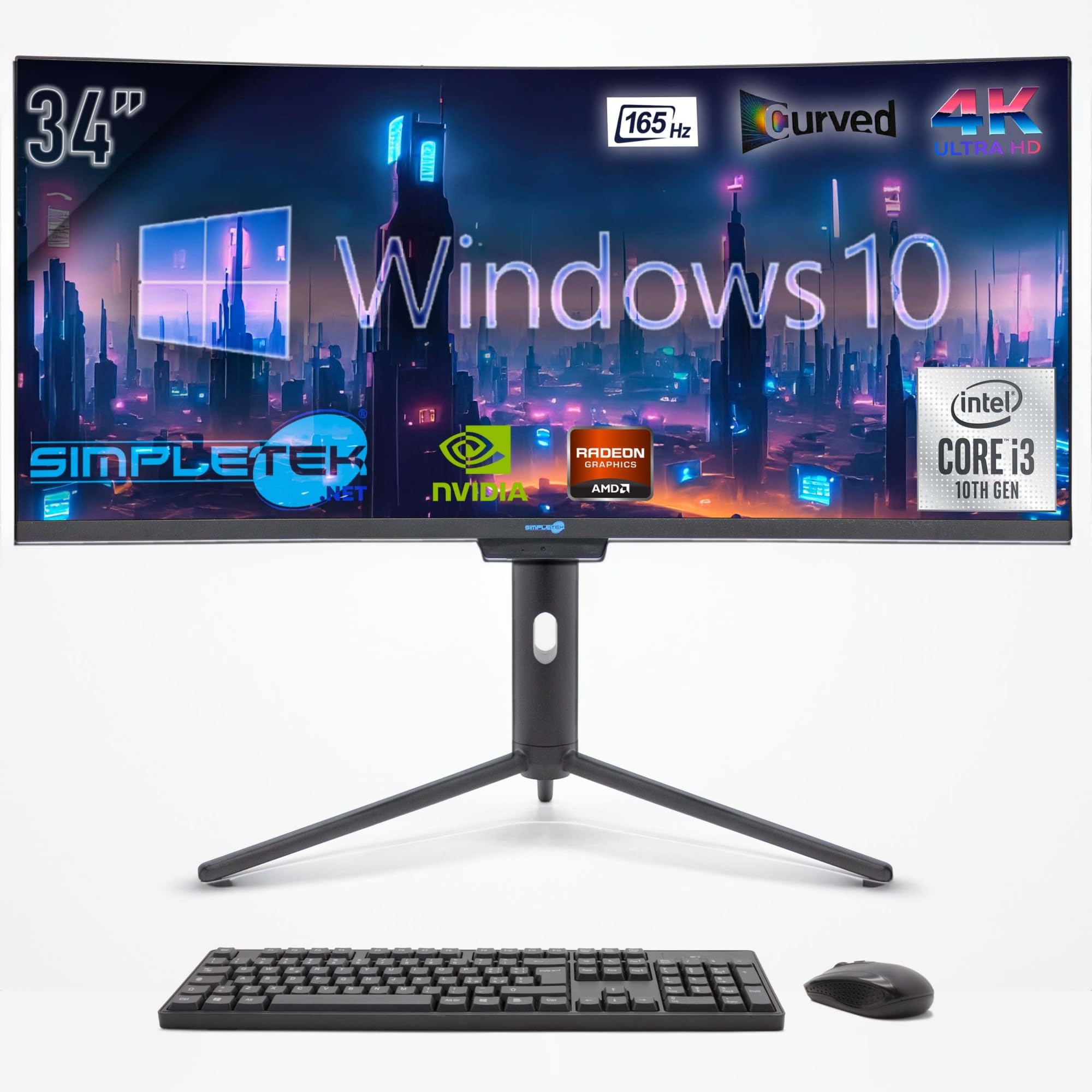 SIMPLETEK - Computer All in One 34" Schermo Curvo 4K 165Hz per Gaming, Grafica | Core i3 10° Gen | Windows 10 Pro | GPU GTX1660 6GB | 16GB RAM SSD 480GB | Webcam 2K | BT 5.2