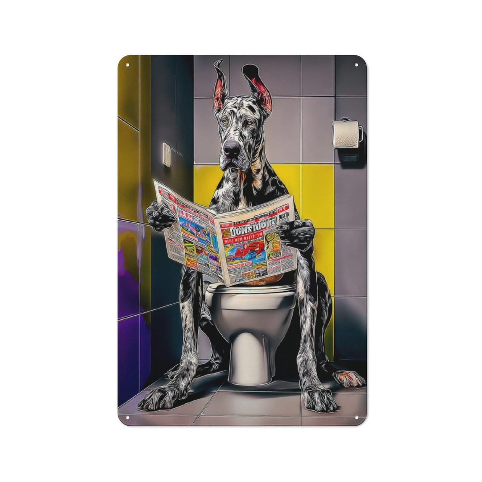 Junmoney Dog Reading Newspaper On Toilet-15 Metal Wall Plaque With Design 30X20cm, Classic Retro Room Decor For Kitchen, Hallway, Bar Or Small Cafe