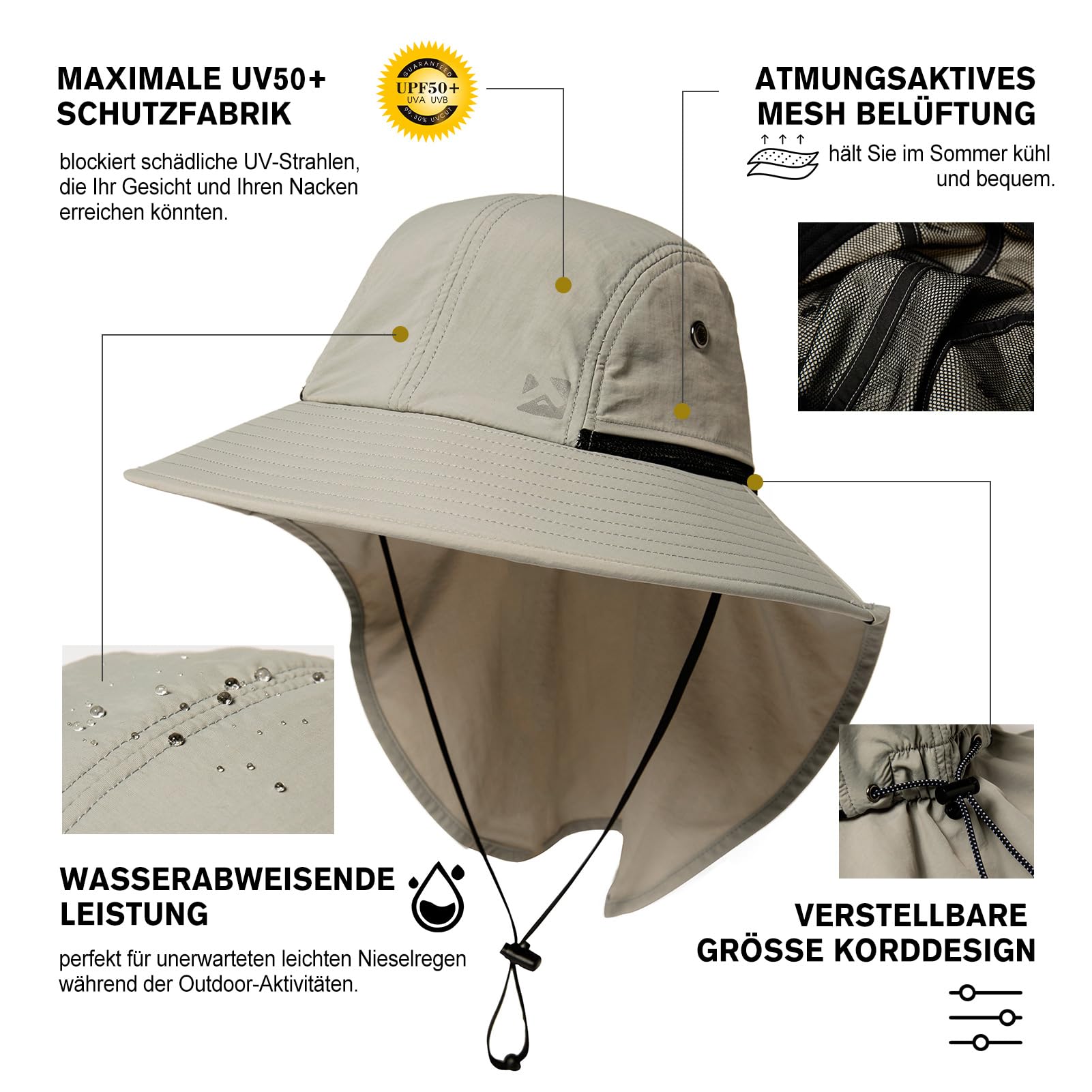 TOP-EX XL/XXL wodoszczelny kapelusz przeciwsłoneczny, męski, szerokie rondo, ochrona przed słońcem, czapka outdoorowa, trekkingowa, z ochroną karku, na lato, składana