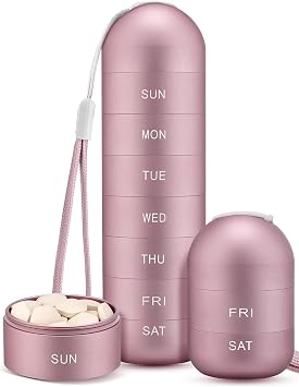 Zannaki Metal Moisture Proof Weekly Pill Organizer, Stackable Aluminum Alloy BPA Free Travel Hiking 7 Day Pill Box Case Waterproof and Large Compartment to Hold Pills, Vitamins, Fish Oil, Supplements