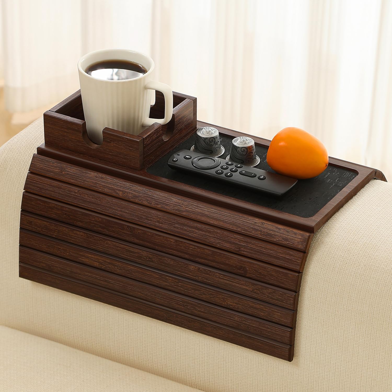 Bamboo Couch Cup Holder Arm Tray Table with Anti-Slip Cork Pad，Couch Drink Holder，Sofa Cup Holder Armrest Tray，Foldable Arm Chair Table Recliners for Drink, Cups, Eats，Snacks, Phone, Remote (Brown)