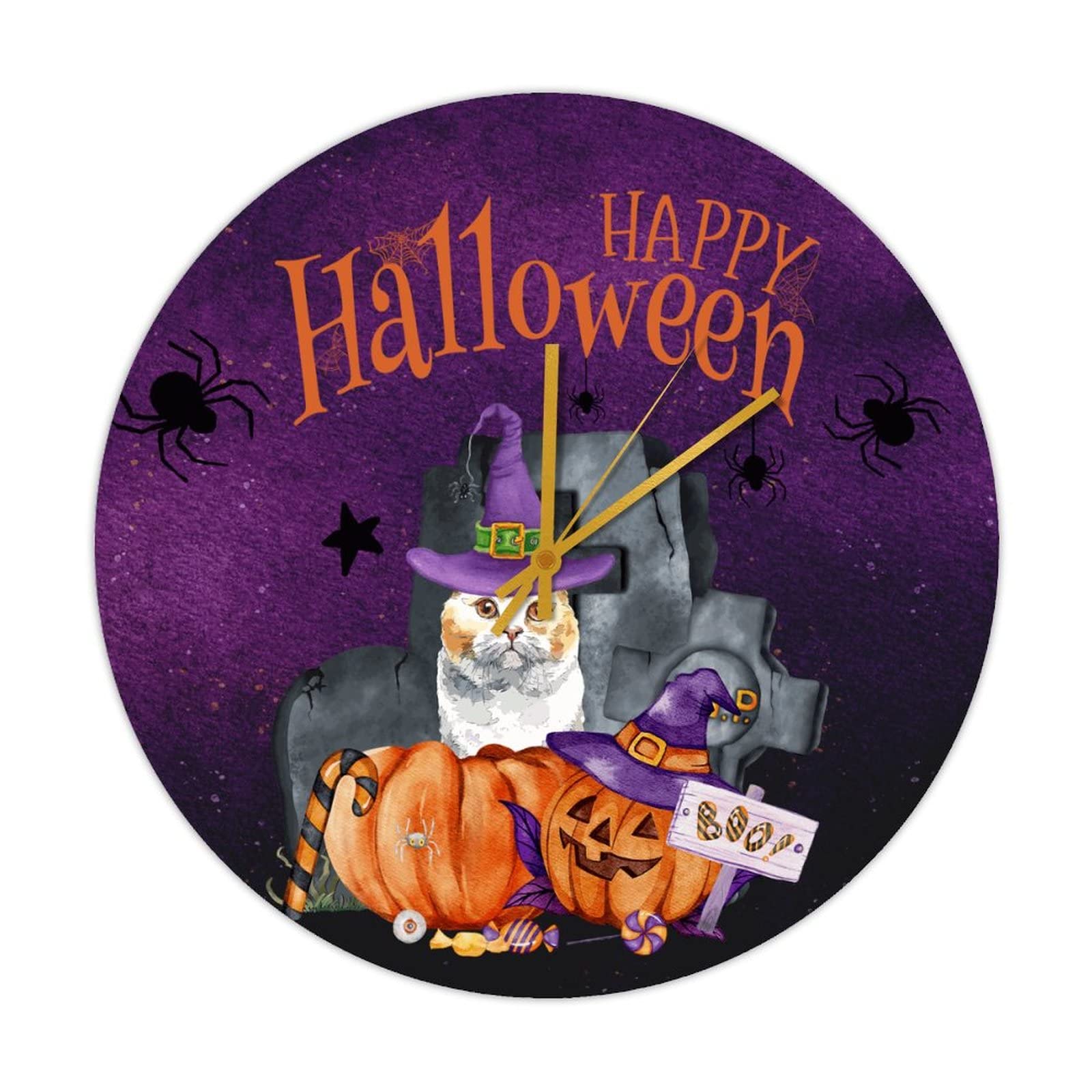 Horloge ronde en bois silencieuse 38cm déco cuisine rétro Halloween chat noir