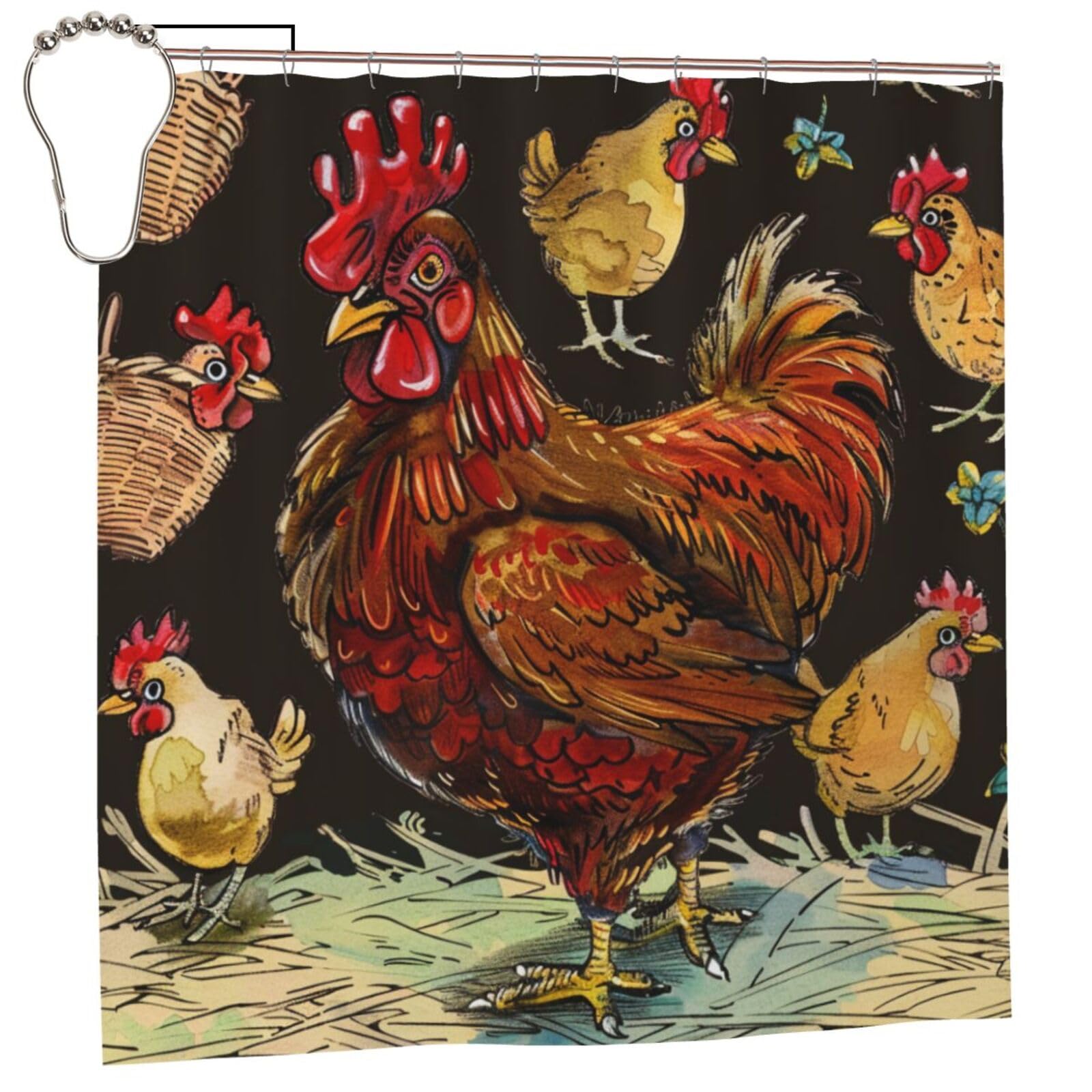 BWWHCCTI Chicken Print Printed Shower Curtain With 12 Iron Hooks Opaque Quick Drying Waterproof Shower Curtains Sets For Bathroom 183x183 CM