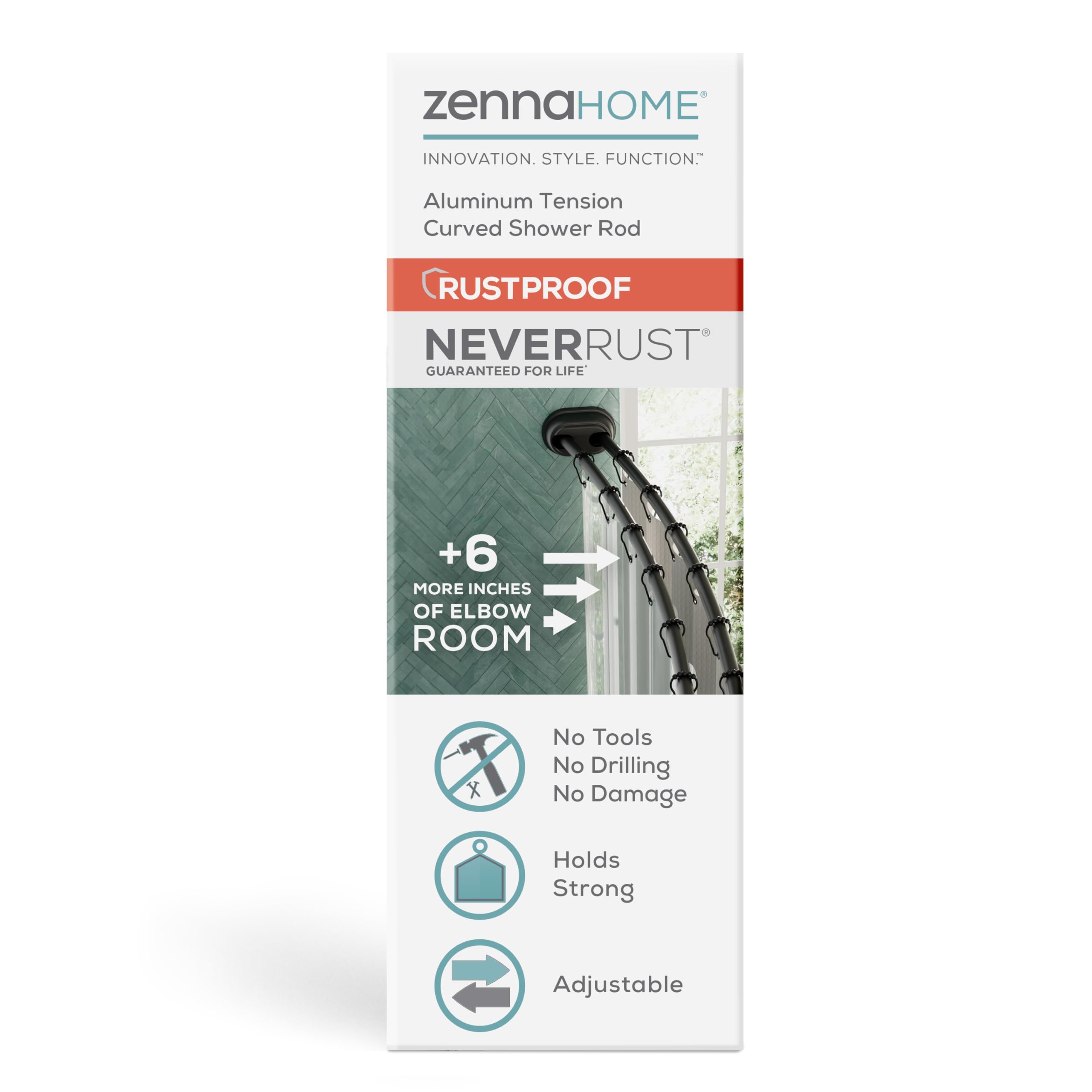 Zenna Home Rustproof Double Curved Shower Curtain Rod, No Drill Adjustable Curved Tension Shower Curtain Rod for Bathroom, Easy Install, Rounded for Extra Room, 50 to 72 Inches, Matte Black