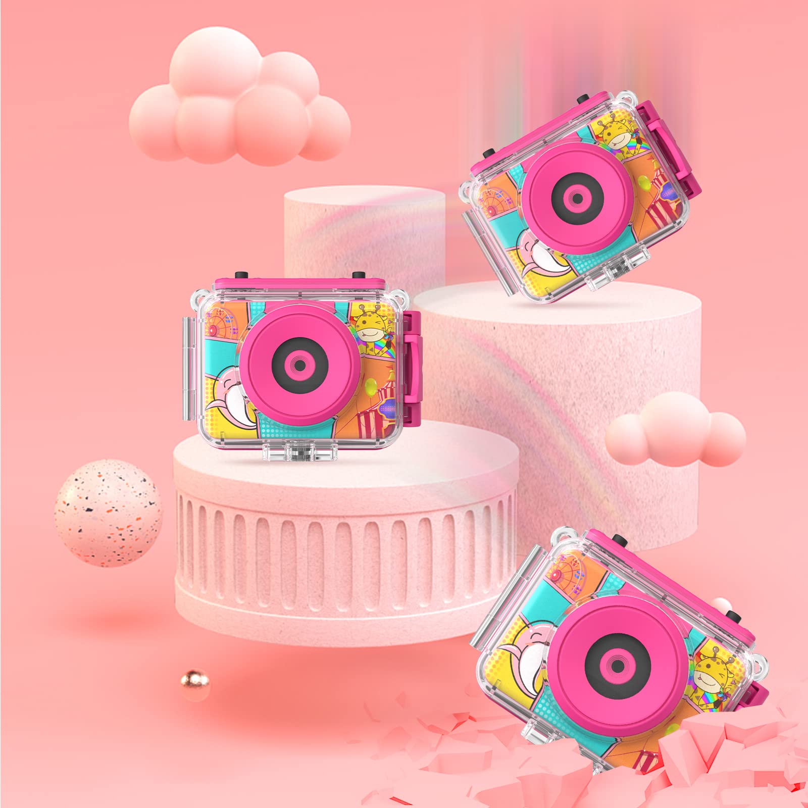 Ushining Appareil Photo Enfant Étanche, 1080P Caméra Vidéo d'action sous-Marine Enfant Appareil Photo Selfie Numérique avec Écran 2,0 Pouces Carte TF 32 Go, Cadeau pour Filles Garçons 3-12 Ans, Rose