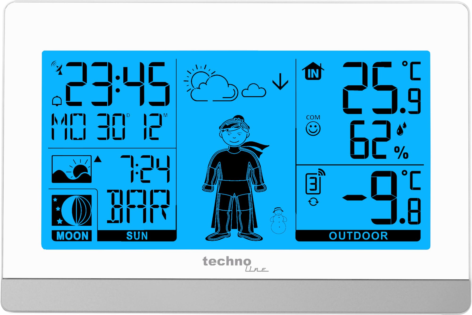 Technoline WS9612 in bianco, con temperatura interna ed esterna, previsioni meteo, orologio radio