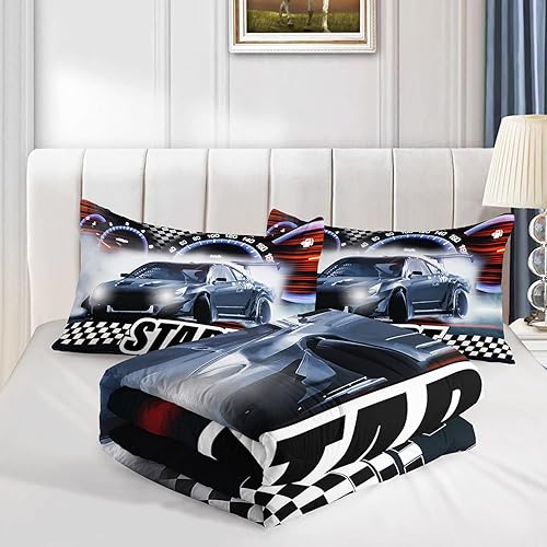 Miniatura 4 de Datura home Juego de ropa de cama de edredón de automóvil de carreras para niños y adolescentes, estampado 3D a cuadros negros y blancos con patrón