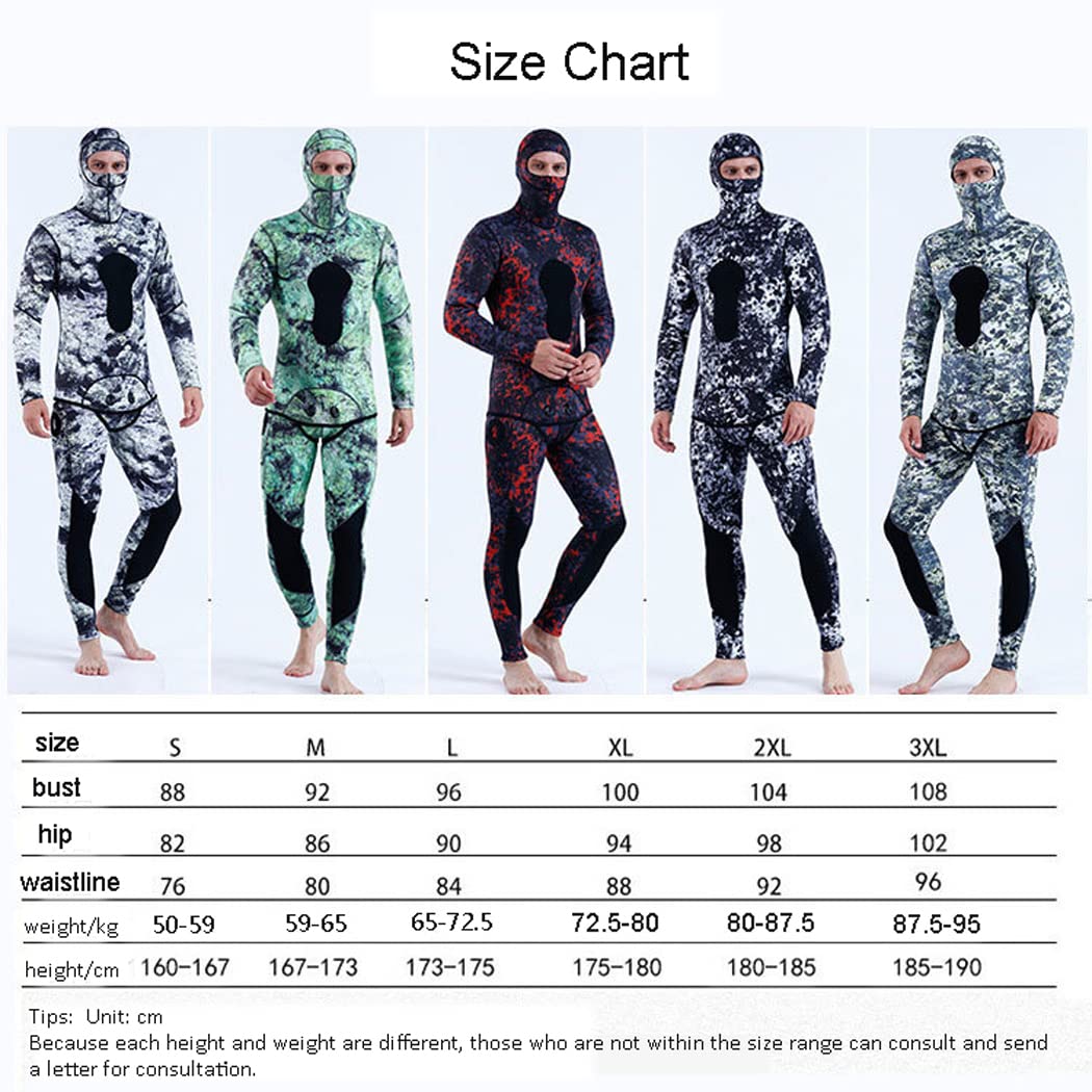 LANGWEI Mute Mens 3Mm 2 Pezzi Camo Neoprene Corpo Pieno Tenere in Caldo con Cappuccio Immersioni Libere Sport Tuta di Pelle Pesca Subacquea Tuta Intera Muta
