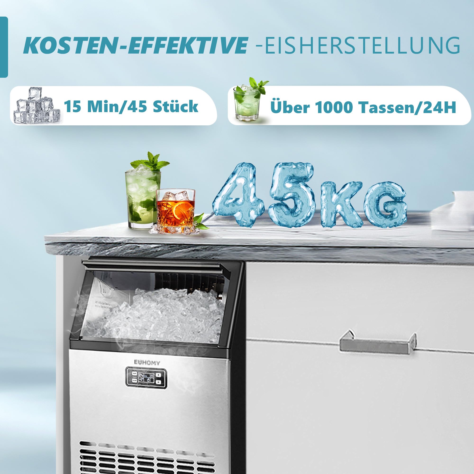 EUHOMY Gewerbliche Eiswürfelmaschine, 45 kg/24 Std. Edelstahl Untertisch-Eismaschine mit 15 kg Eislagerkapazität, freistehende Eismaschine mit Timer, ideal für Bars, Getränkeläden und große Feiern