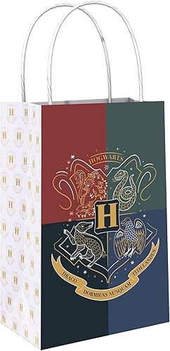 amscan Harry Potter Hogwarts United - Bolsas de papel kraft para fiestas, 8.25 x 5.25 x 3 pulgadas, multicolor, paquete de 8