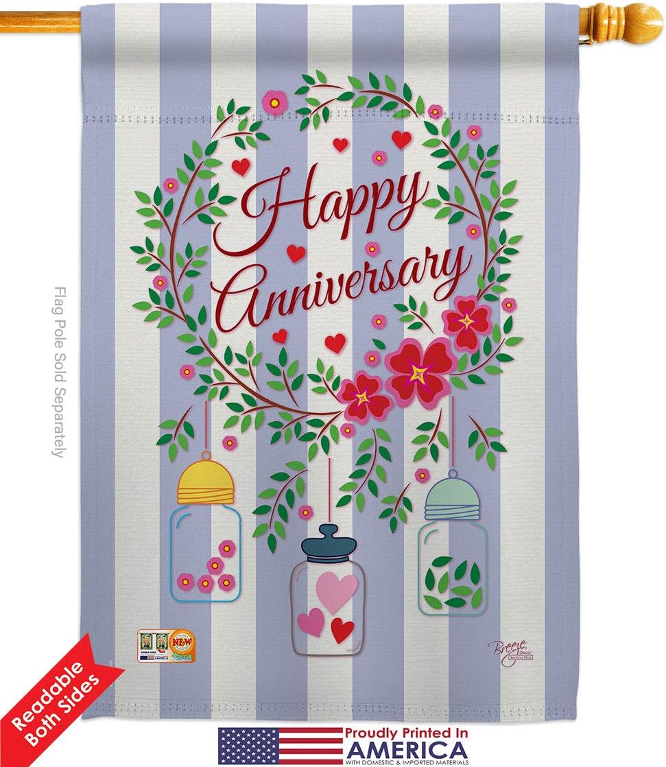 Happy Anniversary Garden House Flags Set Celebration Couple Married Wedding Occasion Party Valentines Small Decorative Gift Yard Banner Double-Sided Made In USA 28 X 40
