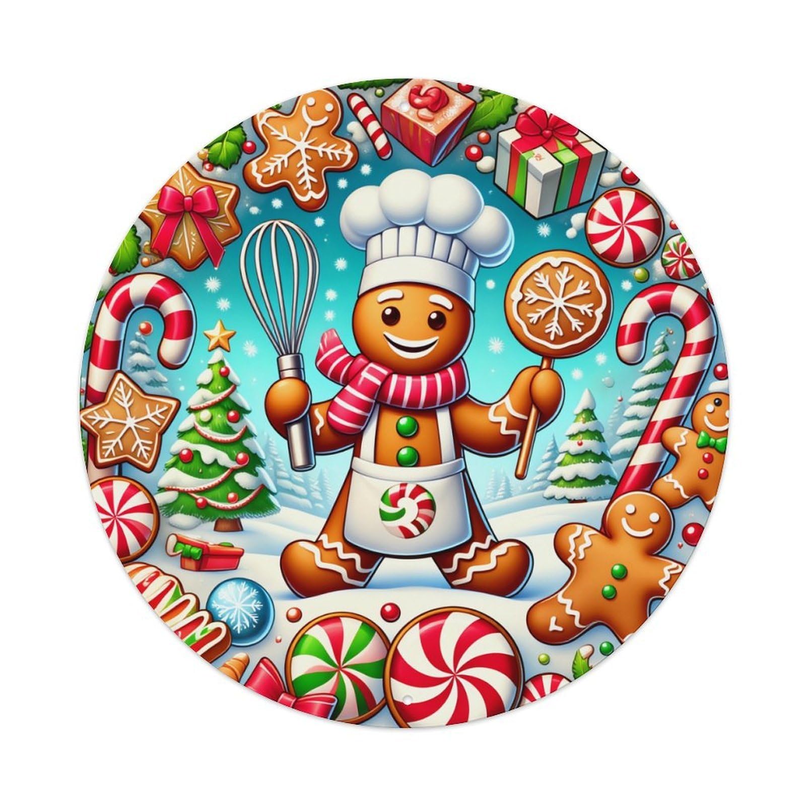 Gingerbread Chef Christmas Candy Pattern Round Tin Sign Vintage Metal Poster, Home Bar Garage Man Cave Cafe Indoor & Outdoor Wall Decoration 8x8Inches