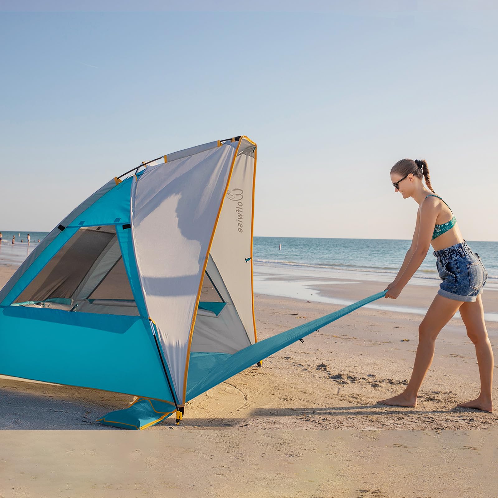 Glymnis Quick Up Strandmuschel – Automatisches Strandzelt Mit UV-Schutz 50+, Windschutz, Kleines Packmaß, Blau – Platz Für 4–6 Personen