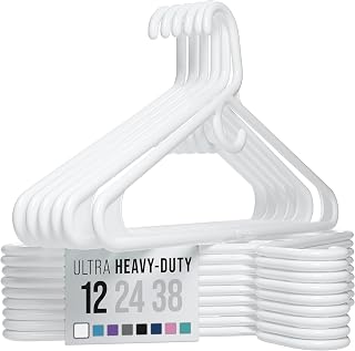Neaterize Ultra Heavy Duty Plastic Clothes Hangers (12 Pack White) - Durable Non-Breakable Coat Suit Hangers for Clutter-Free Closets