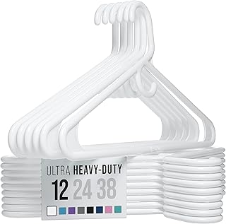 NEATERIZE Ultra Heavy Duty Plastic Clothes Hangers - White - Durable Coat, Suit and Clothes Hanger. Perchas De Ropa (12 Pack - White)