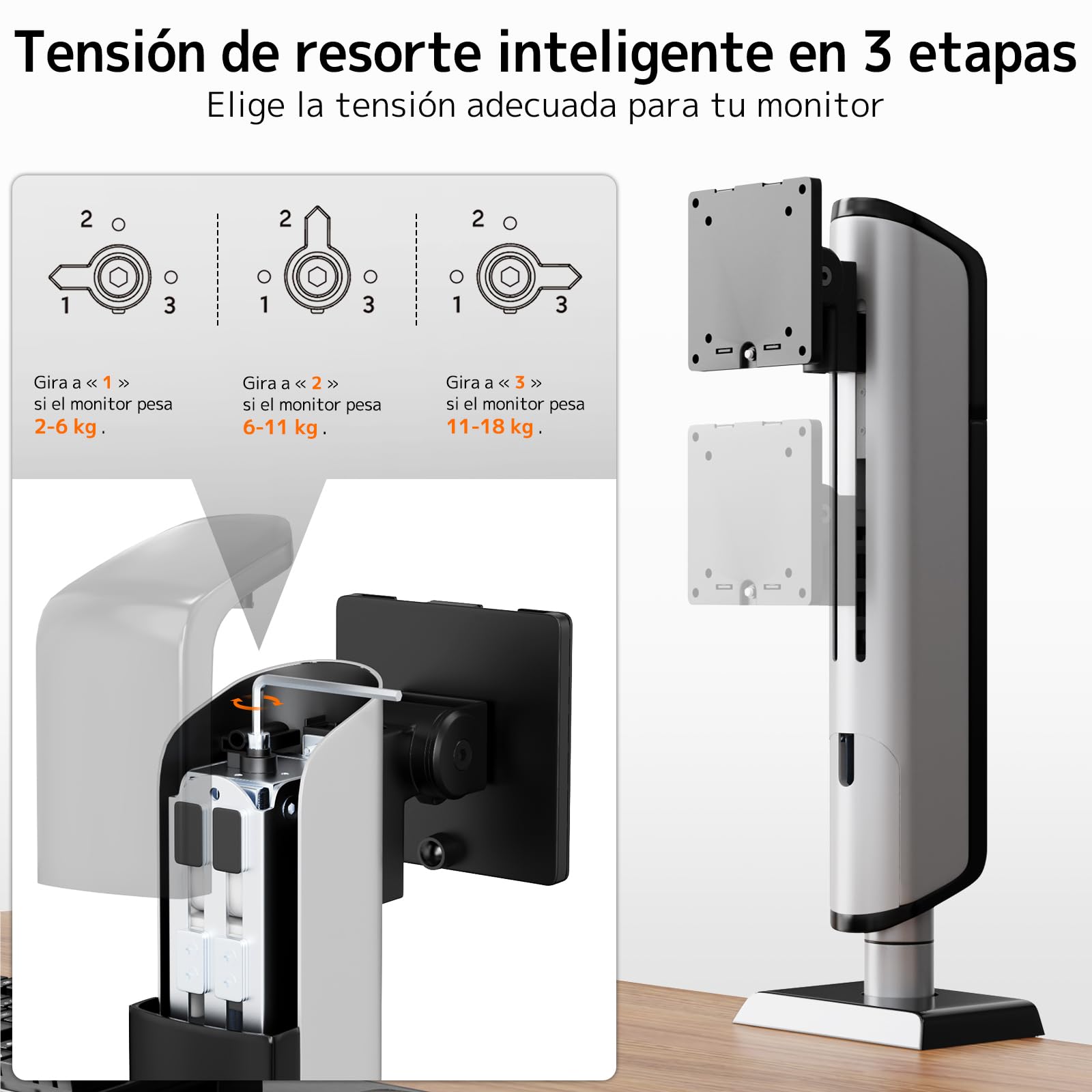 PUTORSEN Soporte de Monitor para Pantallas de 17 a 49 Pulgadas, Soporte de Brazo para un Monitor Soporta 2~18 kg, Ajuste de Altura sin Esfuerzo con inclinación, Giro y rotación, VESA 75/100 mm