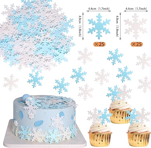 Miniatura 2 de 50 piezas comestibles de copos de nieve para cupcakes, blanco y azul, copos de nieve congelados de invierno, decoración para temática de copo de