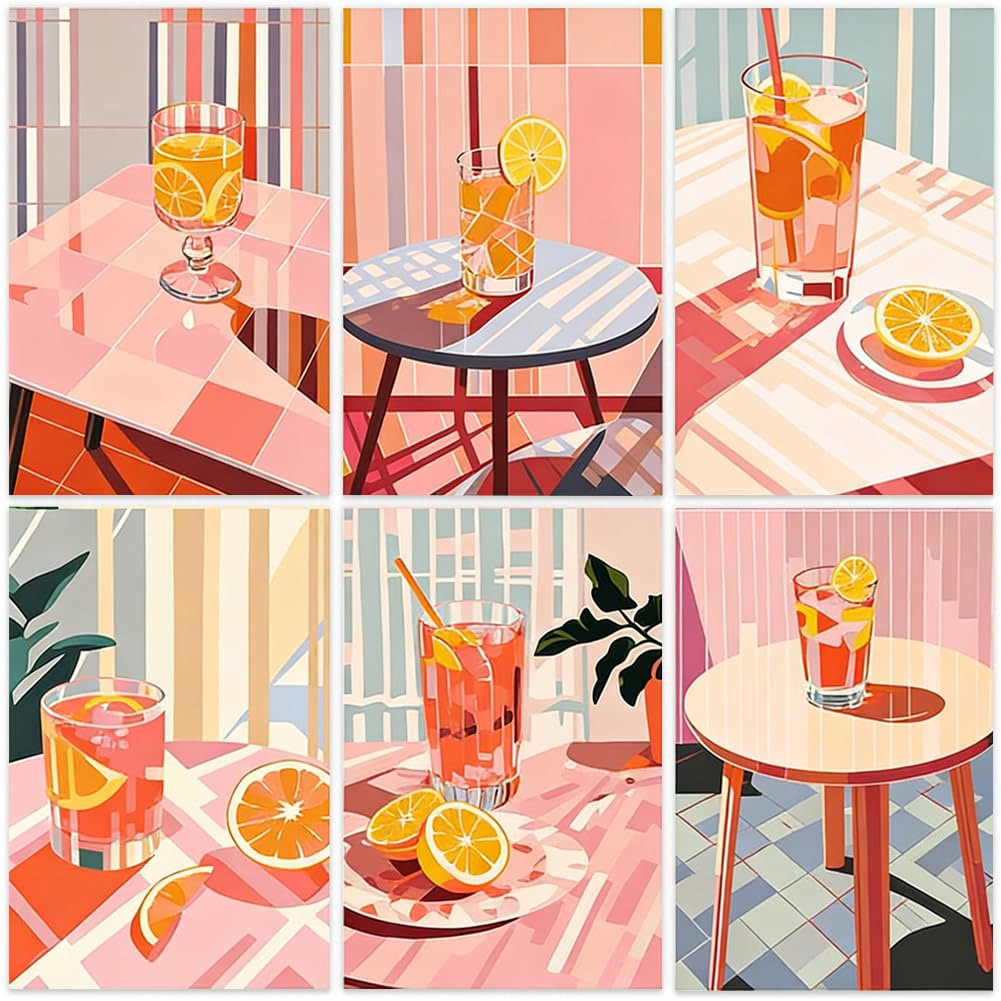KMFASVX 6PCS Retro Citrus Cocktail Paint by Numbers Kit for Adults Home Wall Decoration Acrylic DIY Painting on Canvas Numbered Art Set Beginner Relaxing Creative Gift Modern Bar Drinks Artwork
