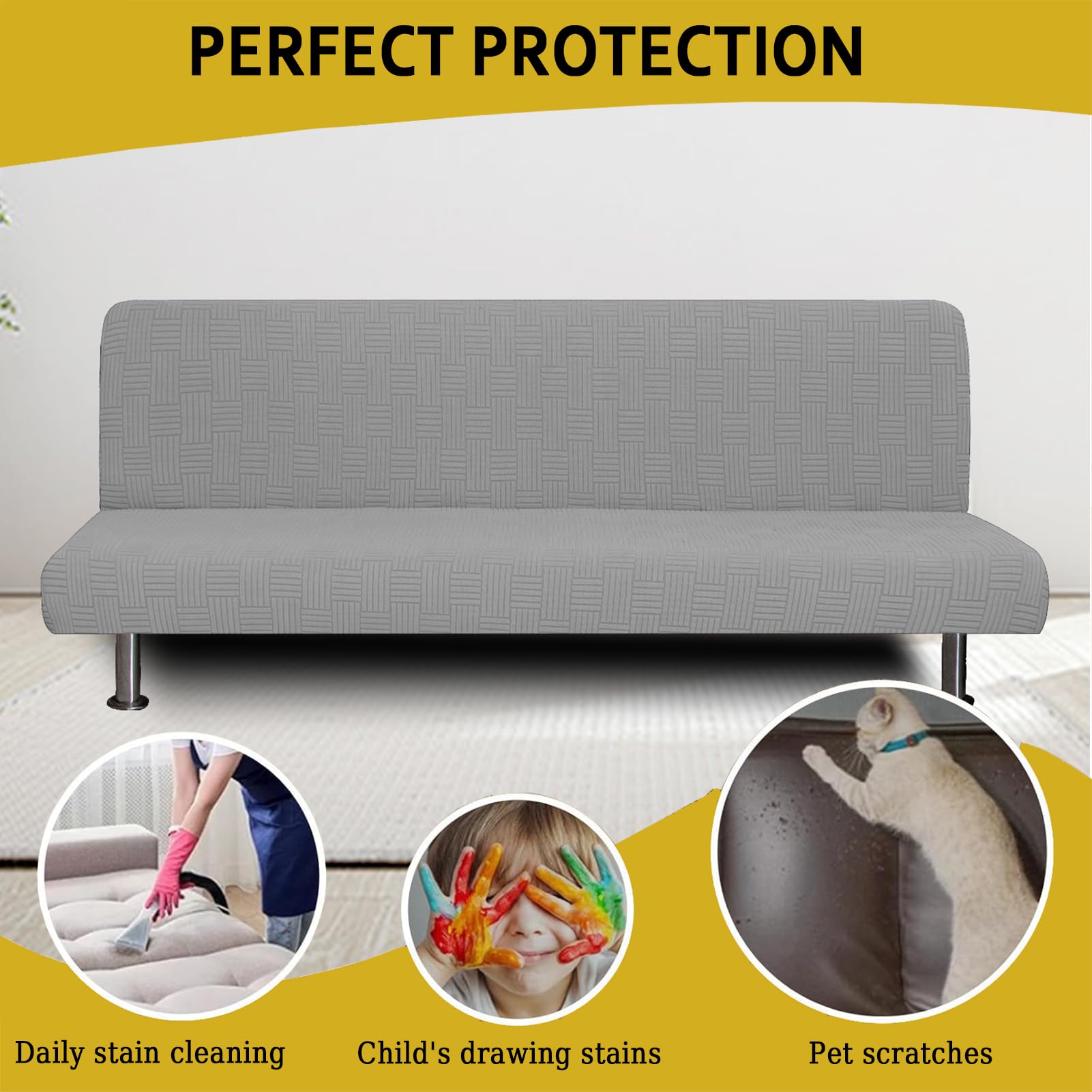 Funda Elástica Jacquard para Sofá Cama Plegable sin Brazos de 3 Plazas, Lavable, Protector Ajustable Suave, Cubierta Total Mueble Futón Clic Clac (Gris Claro)