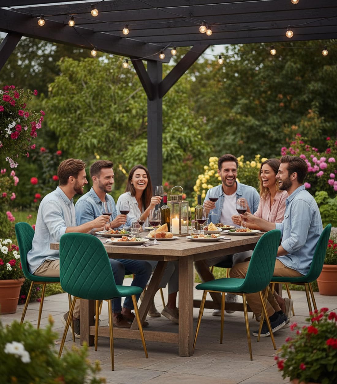 Cribel SEDIA NEW LENA Velluto Verde/Gambe Oro | Set 4 Sedie da Pranzo con Impunture a Rombi | Design Moderno ed Elegante per Cucina, Soggiorno e Sala da Pranzo