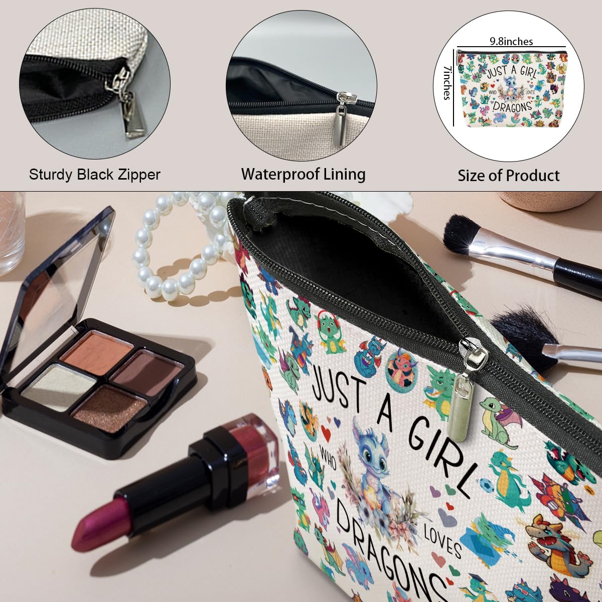 A Girl Loves Dragons Dragon Gifts Dragon Stuff Dragons Decor Cosmetic Bag Anniversary Graduation Christmas Birthday Makeup Bag Funny Friendship Gifts for Women Animal Lovers Sister Bestie Best Friend - Image 5