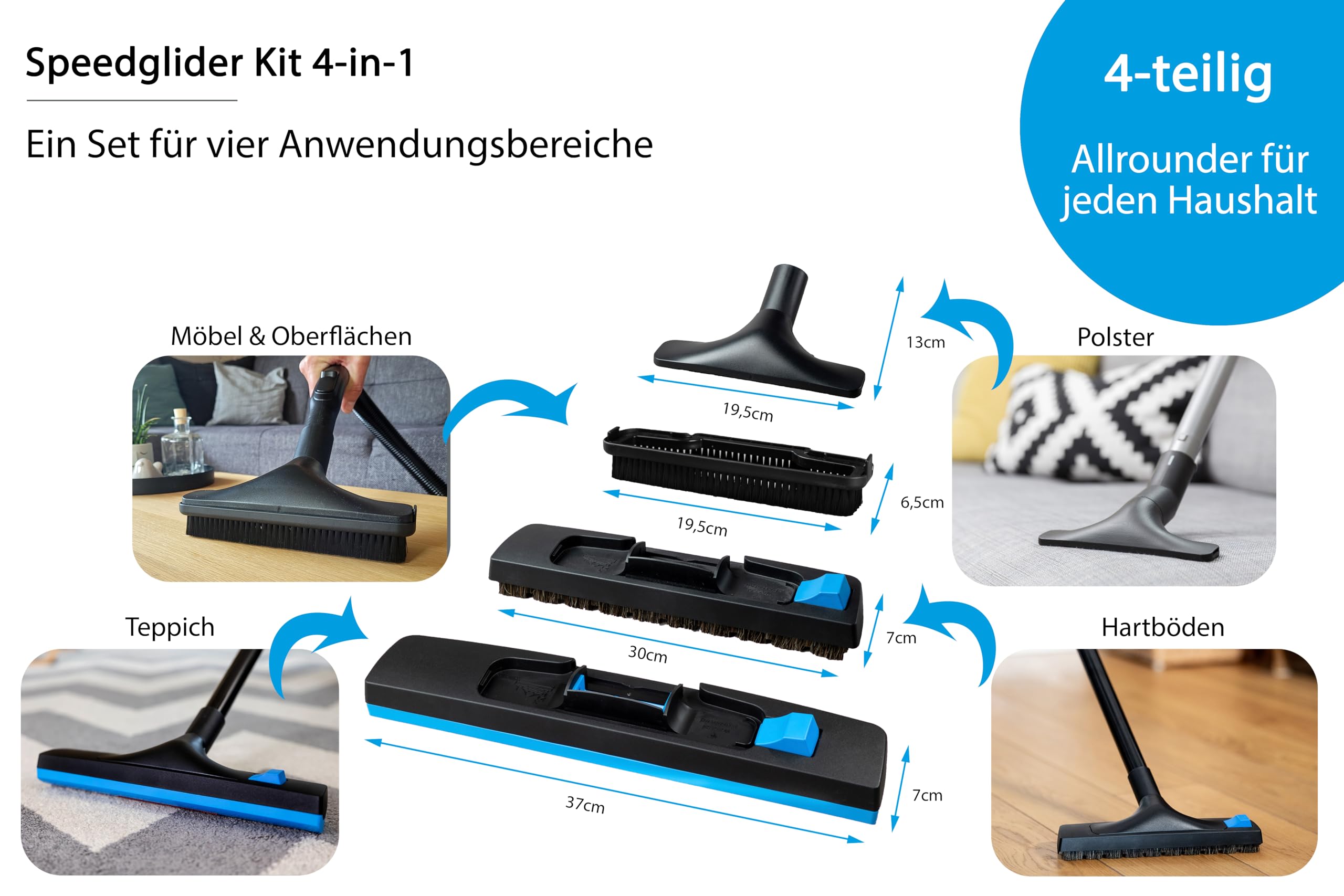 Wessel-Werk Speedglider Kit 4-in-1 35mm | Staubsaugerdüsen-Set für Teppich, Hartboden, Möbel und Sofa | Universaldüse| inklusive Universal-Adapter passend von 32-38mm