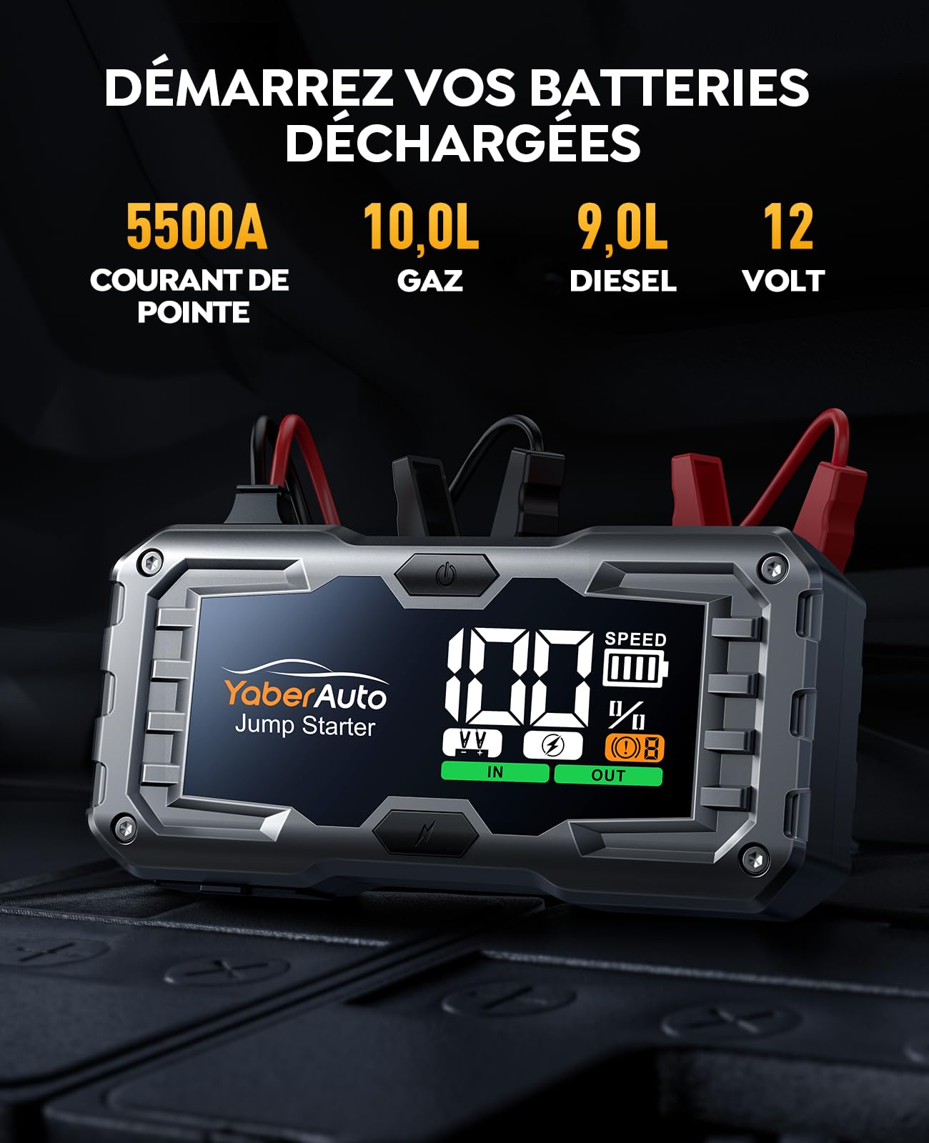 Booster Batterie Voiture 5500A 21800mAh, Portable Jump Starter (Jusqu’à 10,0L Gaz/9,0L Diesel), YaberAuto Démarreur de Voiture avec Câble Rallongé, Grand Écran et Lumière LED
