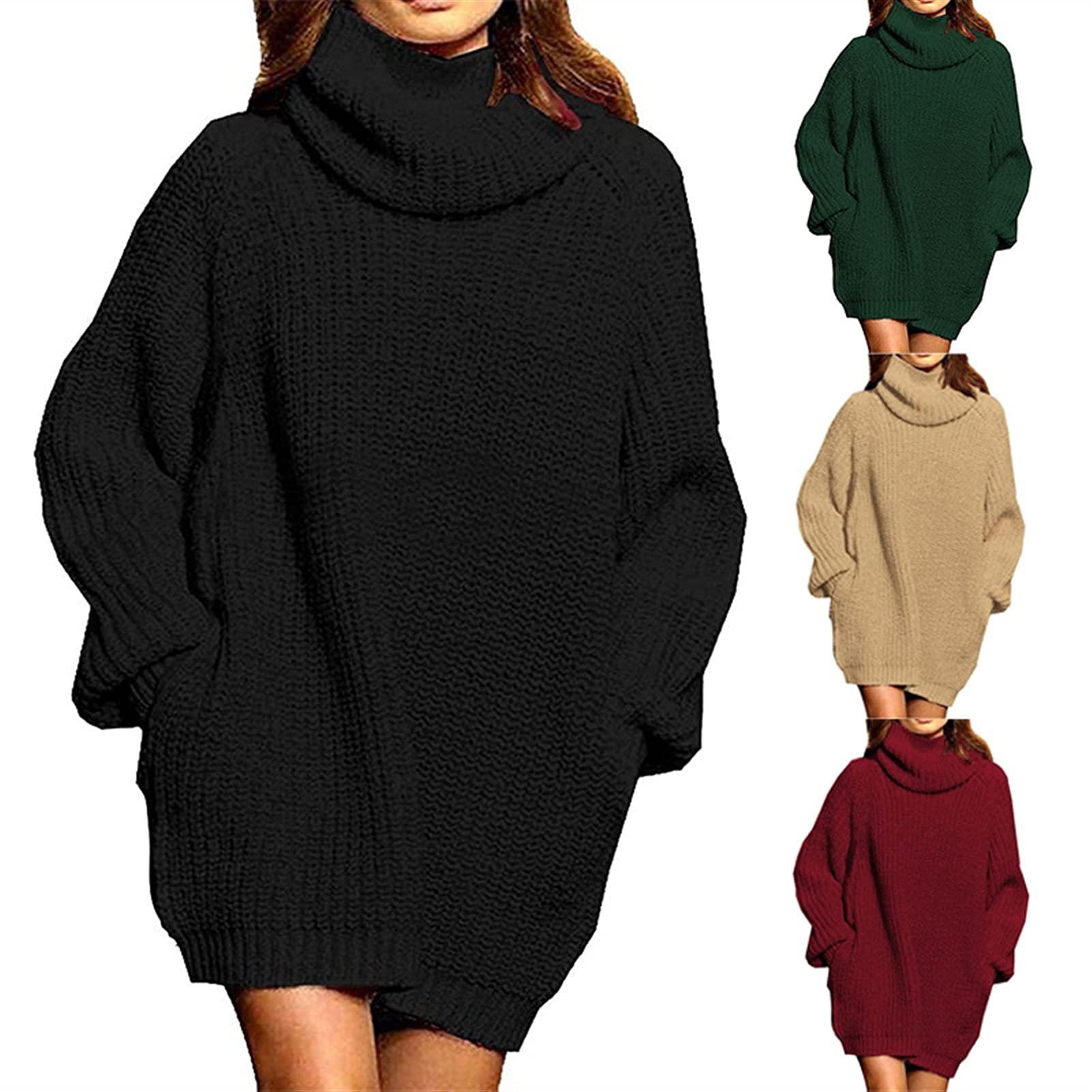 Pulls pour Femmes Robes de col Rouleau Libres for Femmes surdimensionnées à Manches Longues à Manches Longues Robe chandeuse midi Tricot Col Rond Chandails (Color : Dark Red, Size : L)