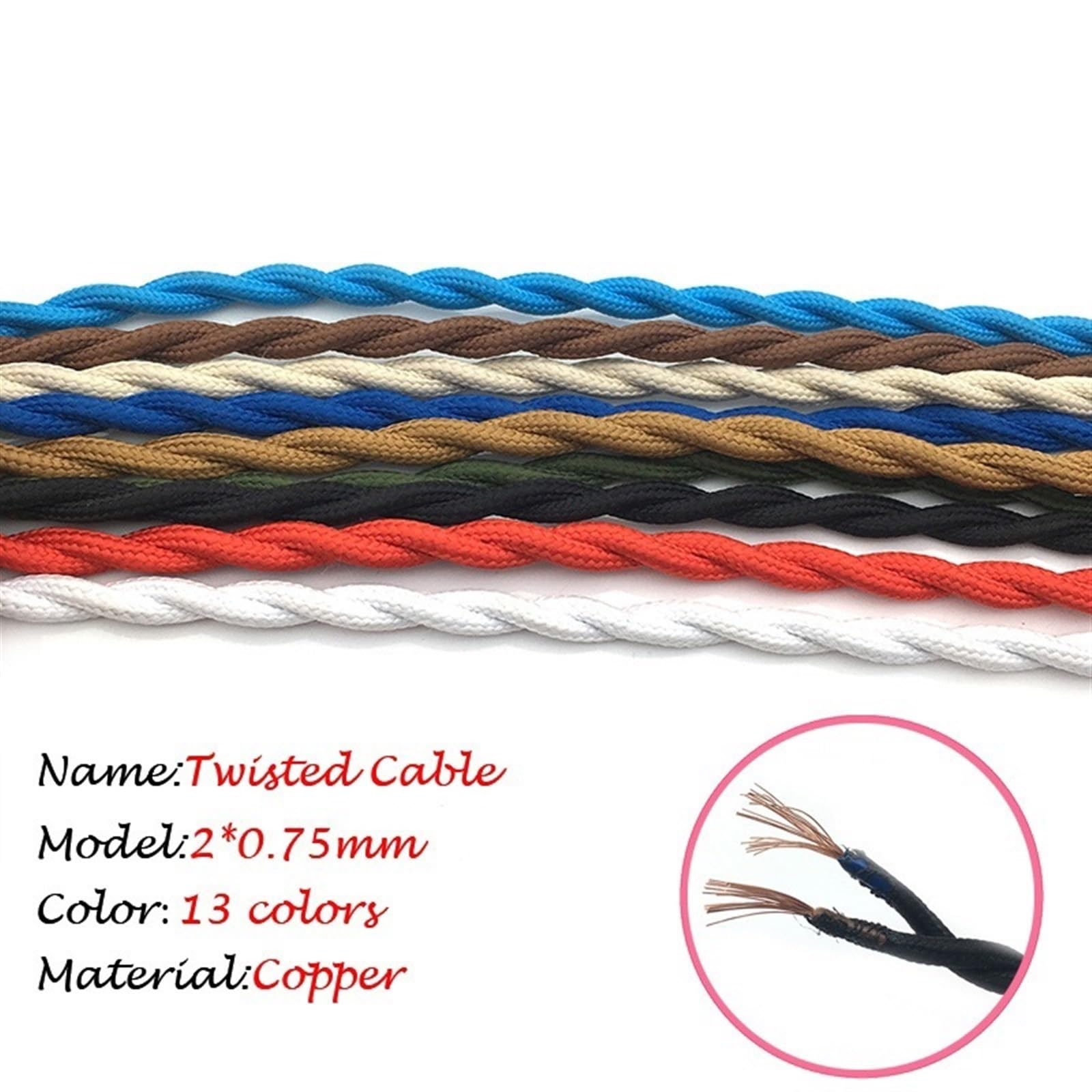przewody, 5 metrów 2 x 0,75 mm bawełniany oplot przemysłowy kabel do lamp pokryty tkaniną elektryczną(Golden)
