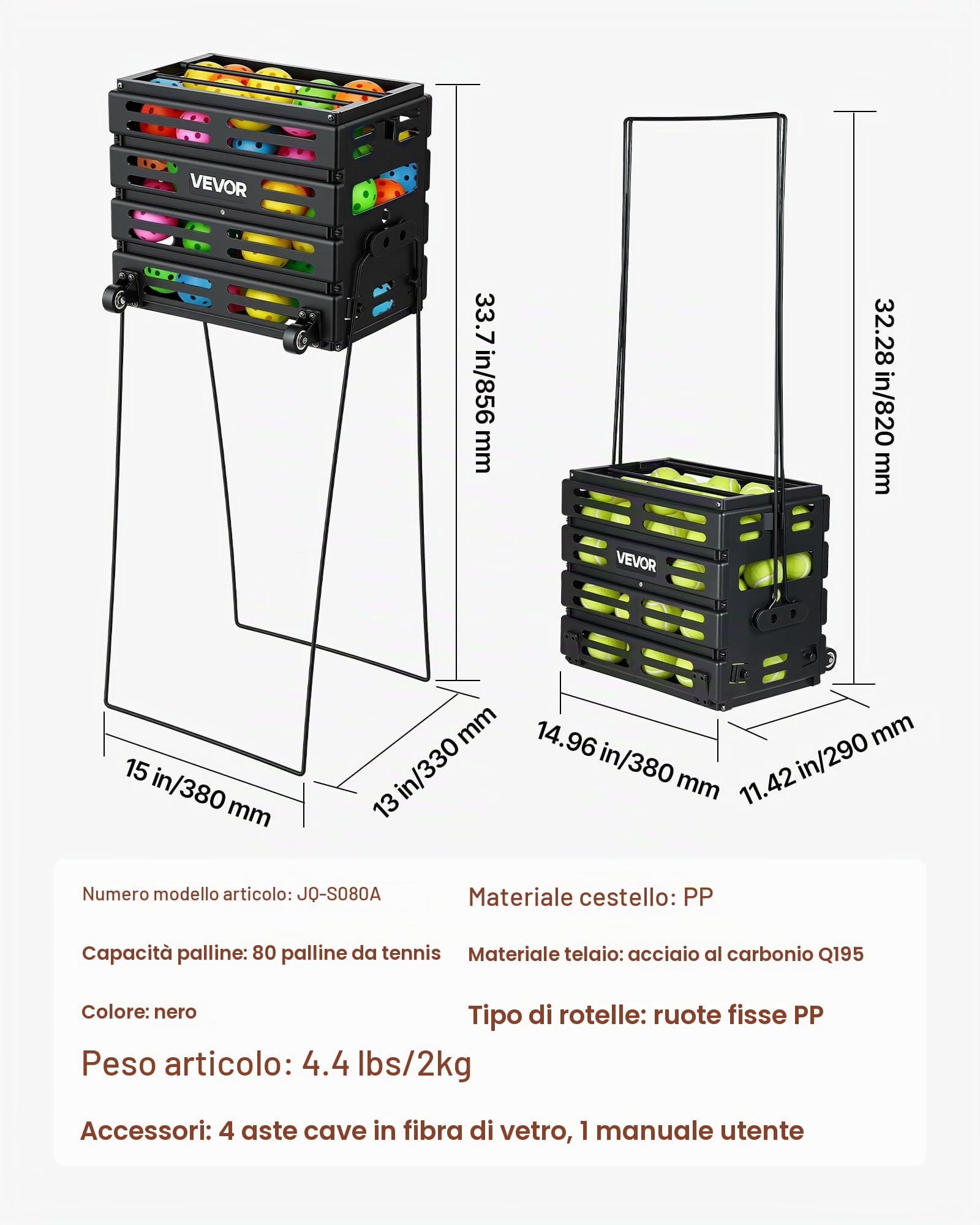 VEVOR Carrello Porta Palline da Tennis 2 in 1 con Cestello, capacità 80 Palline, con Ruote Scorrevoli e Struttura Resistente, Facile da Spostare, Contenitore Portatile per Allenamento e Pickleball