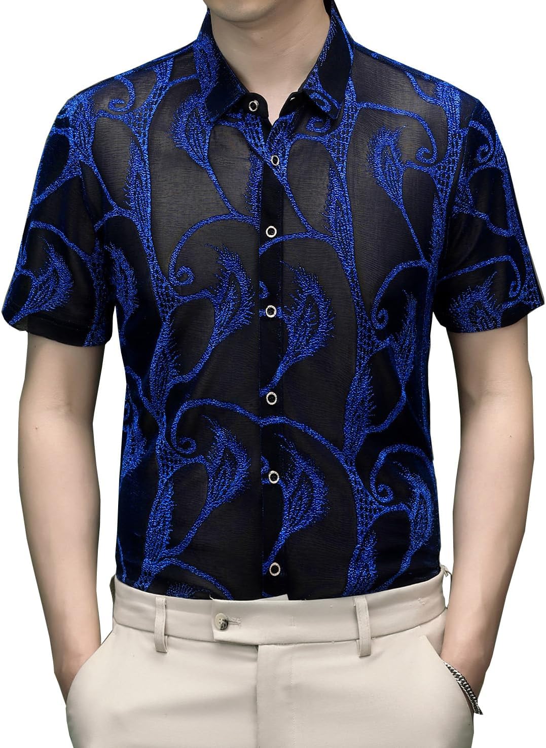 Mens Summer See Through Bling Shiny Breathable Sexy Night Club Dance Cool Short Sleeve Shirts