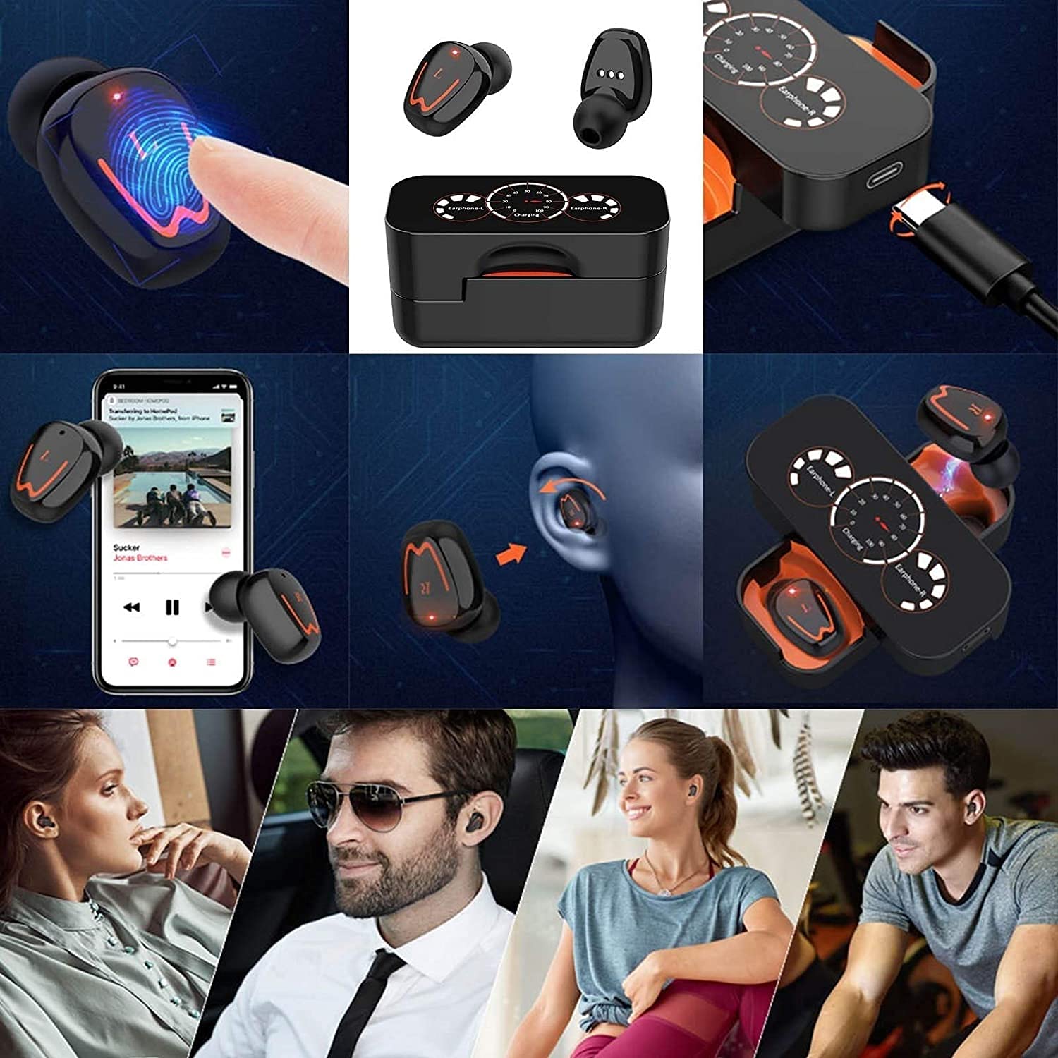 Auricolari wireless veri, auricolari Bluetooth 5.0 in-ear con custodia di ricarica, chiamate stereo facili da abbinare, microfoni integrati, resistenza al sudore IPX6 per sport, allenamento, palestra