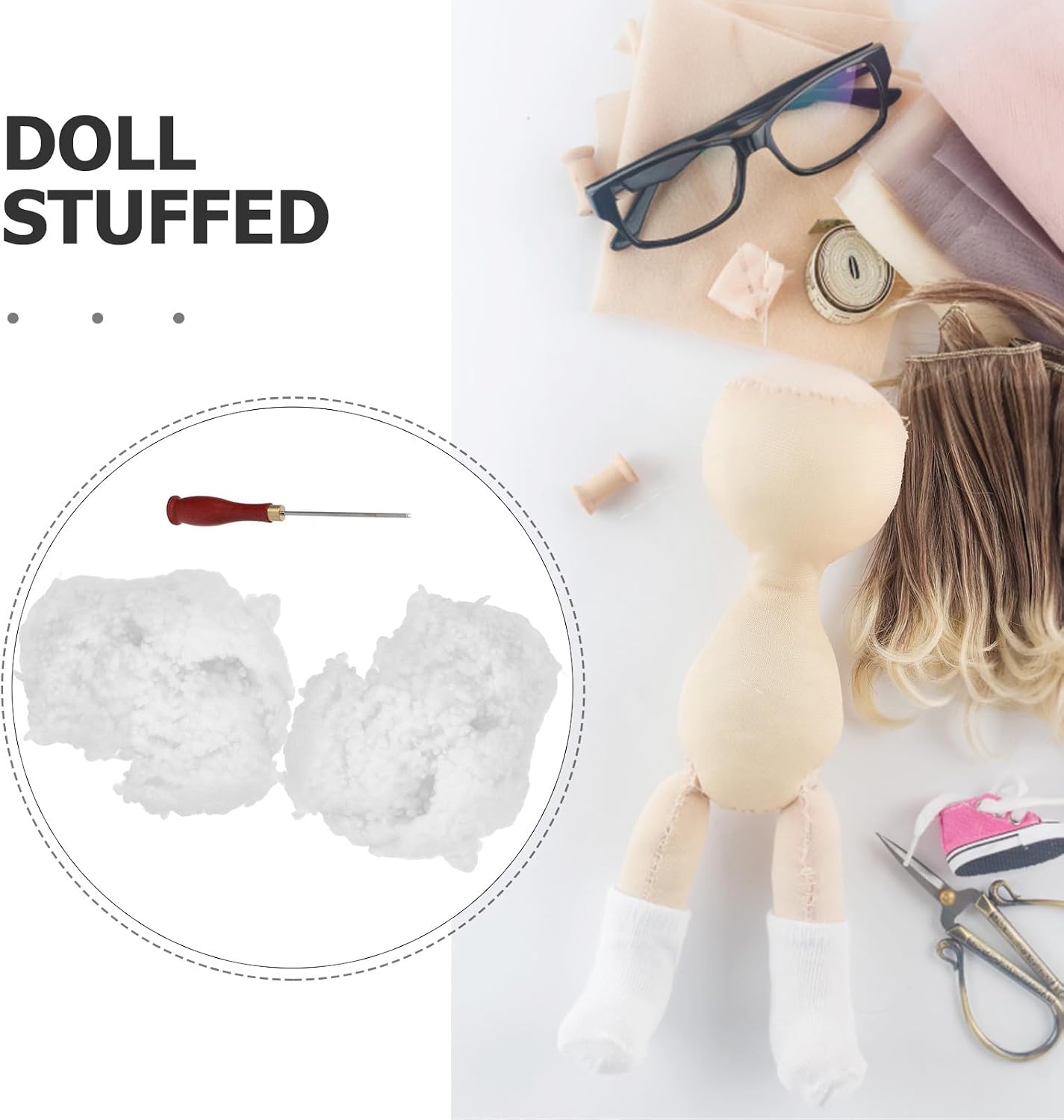 HAPINARY Plush Stuffing Tool and 100g Stuffing Fiberfill: Wooden Handle Doll Rerooting Tool for Dolls Cotton Filling Miniature House Decor DIY Craft Kit
