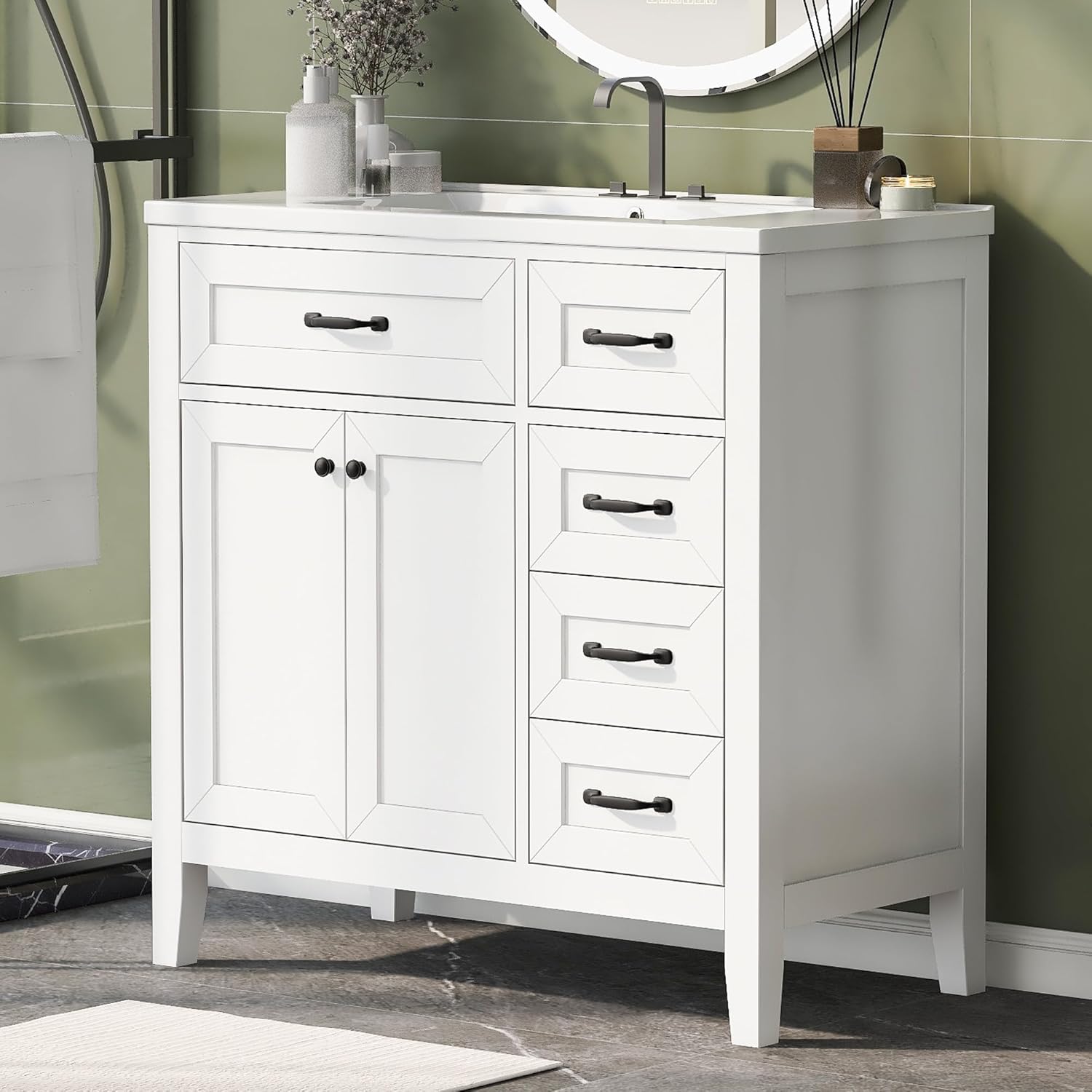Bathroom Vanity Unit with Sink, 36" Freestanding Storage Cabinet with Black Handles, Soft Closing Doors & Drawers, Modern Cabinet with Ceramic Basin, Solid Frame & MDF Board, Assembly Required, White