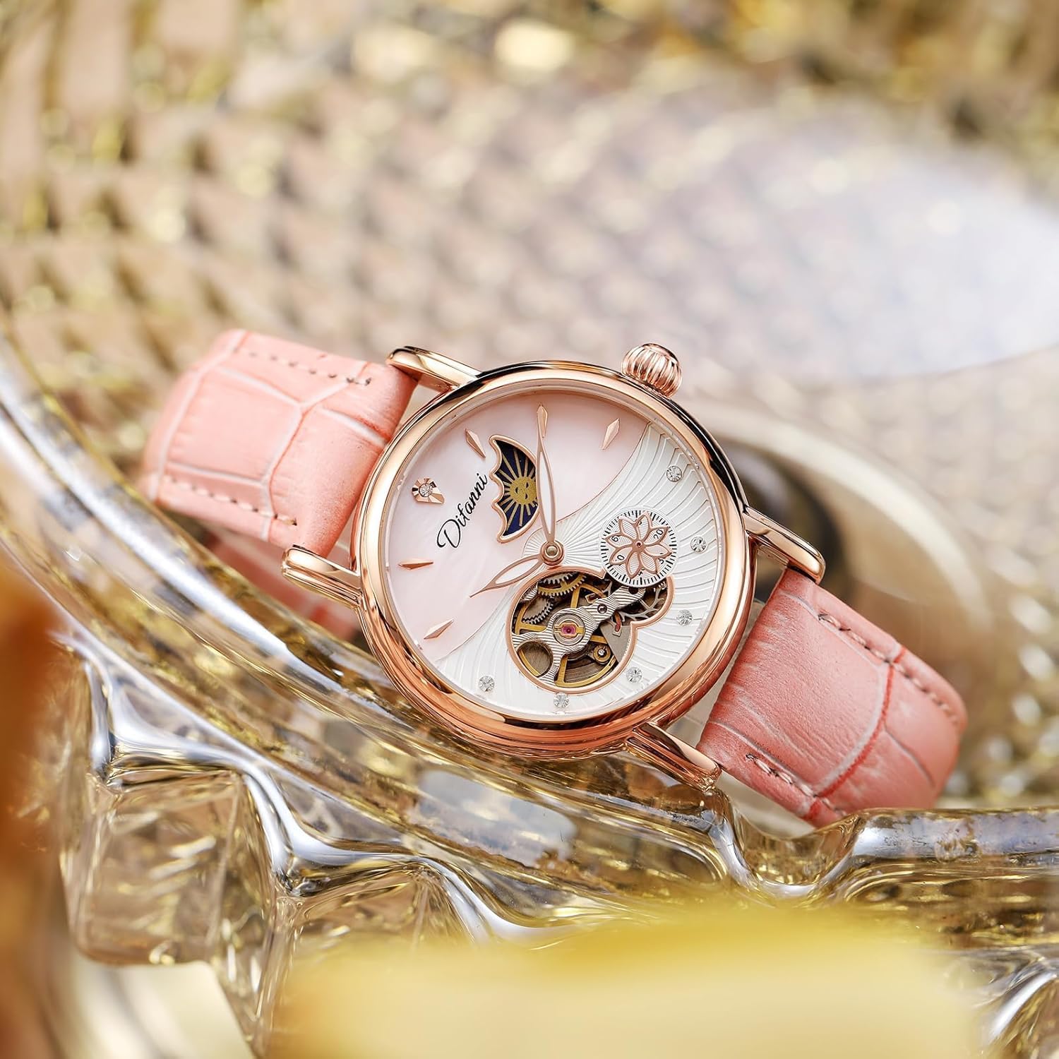 Orologio meccanico automatico da donna, in acciaio inox, quadrante con fasi lunari, cinturino in pelle, impermeabile, orologio da polso