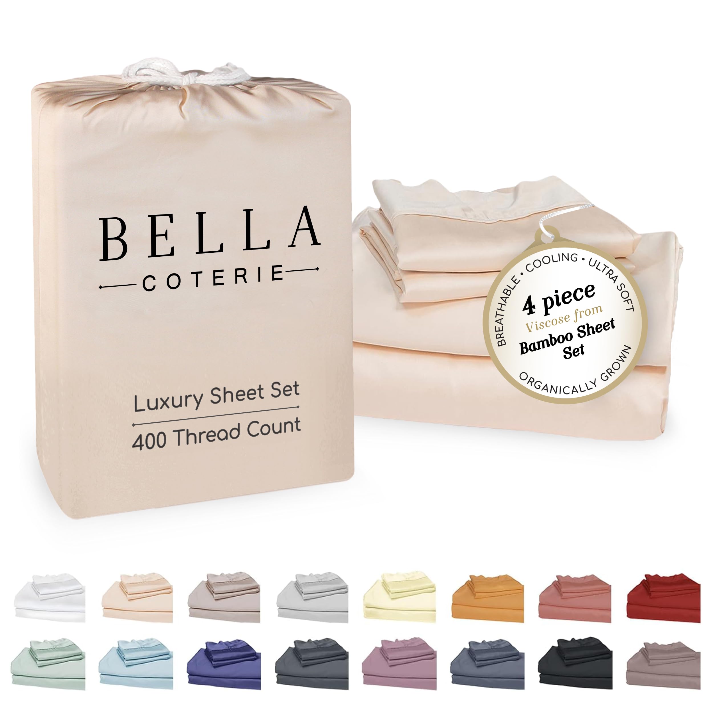 Bella Coterie Luxury Bamboo Viscose Queen Size Sheet Set | 100% Organically Grown | Ultra Soft | Cooling for Hot Sleepers | 18" Deep Pocket [Champagne]