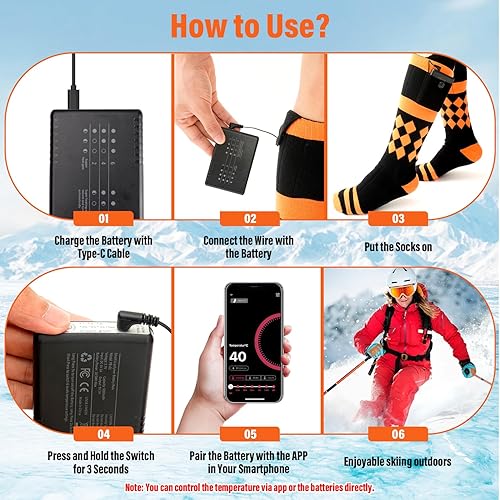 Miniatura 9 de Calcetines calefactables, calcetines de batería recargable de 5000 mAh, control de aplicación y 3 ajustes de calefacción, calcetines eléctricos