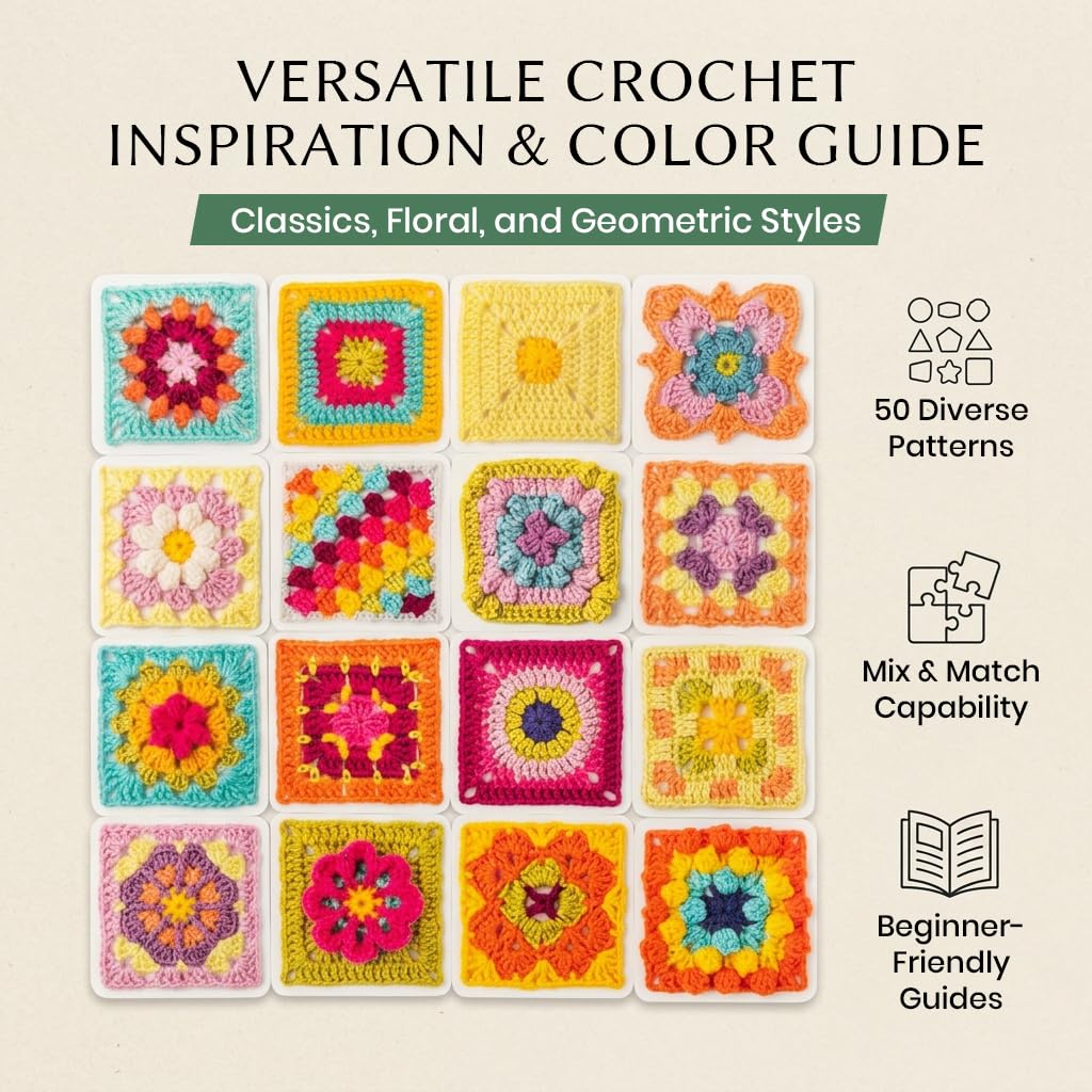 HASTHIP® Granny Square Knitting Pattern Card Deck, 50 Mix-and-Match Crochet Patterns, Granny Square Design Cards for Blankets, Bags & Accessories, Color Guide for Beginners & Advanced Crafters 2