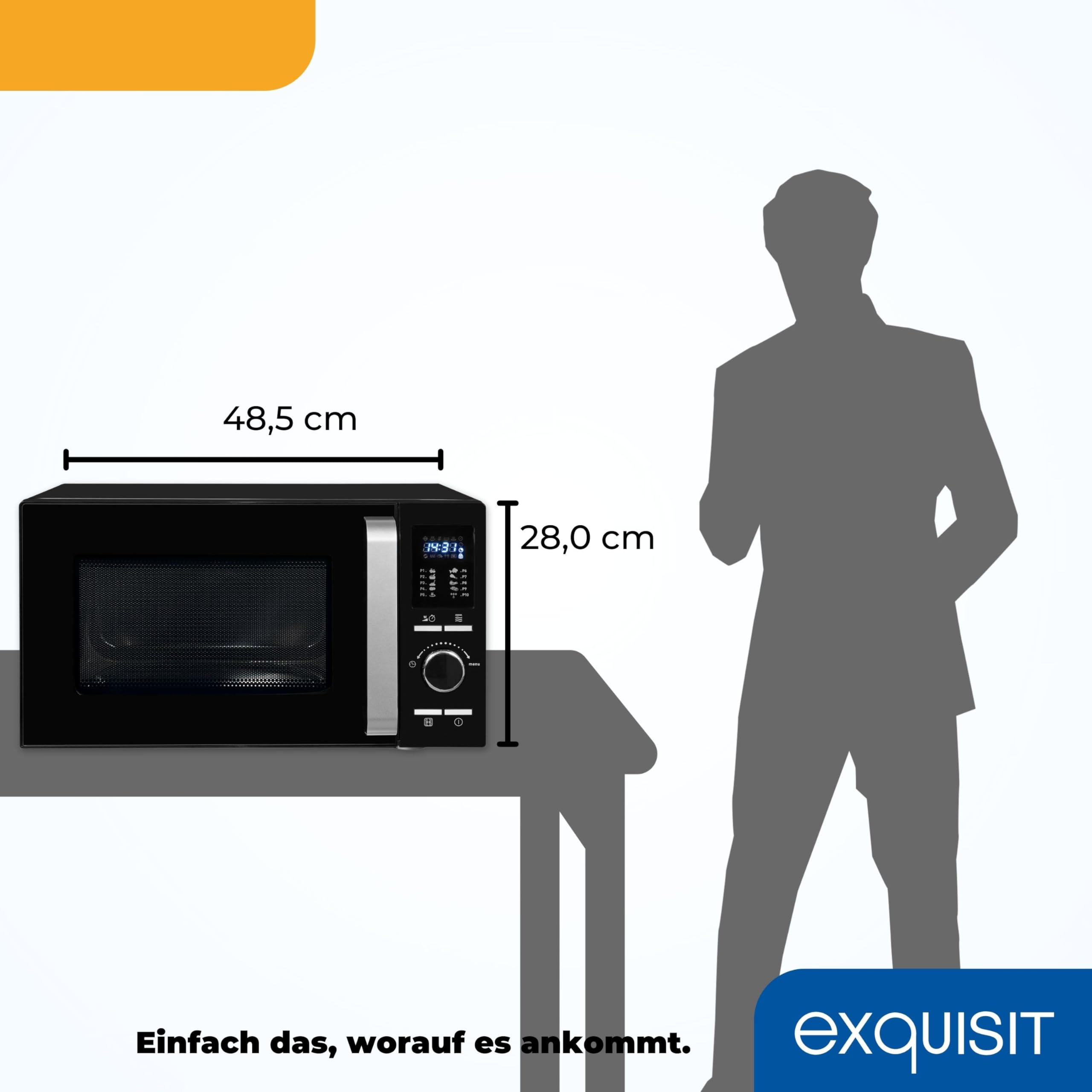 Exquisit Mikrowelle mit Grill und Heißluft - 25 Liter, 900 W | 27 cm Drehteller, 11 Leistungsstufen, 10 Automatikprogramme, Kindersicherung, elegantes Schwarz-Design