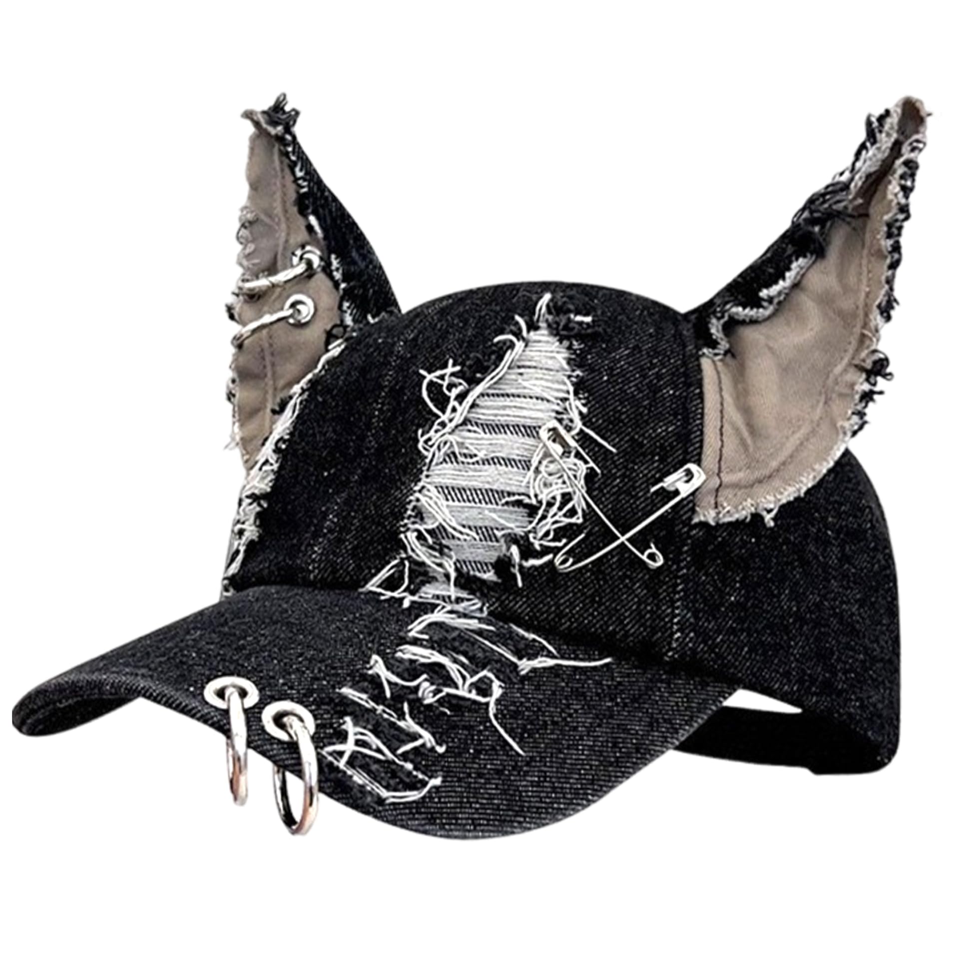 Chapeau à Oreilles De Chat Noir DéChiré Y2k Avec Cerceau En MéTal Casquette De Baseball EsthéTique Punk Grunge Protection Solaire Taille Unique Convient à La Plupart Des Casquettes De Baseball