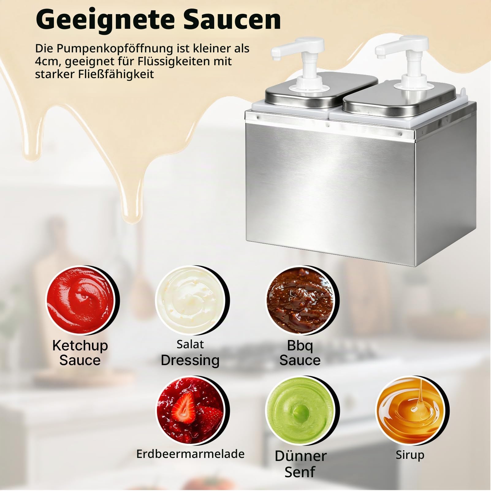 4L Saucenspender Pumpstation, 4 x 2 L Soßenspender Pumpe | Stainless Steel Sauce Dispenser Pump Sauce für Ketchup, Mayo, Senf, Dosierpumpe für Küche Restaurant - 4 Pumps
